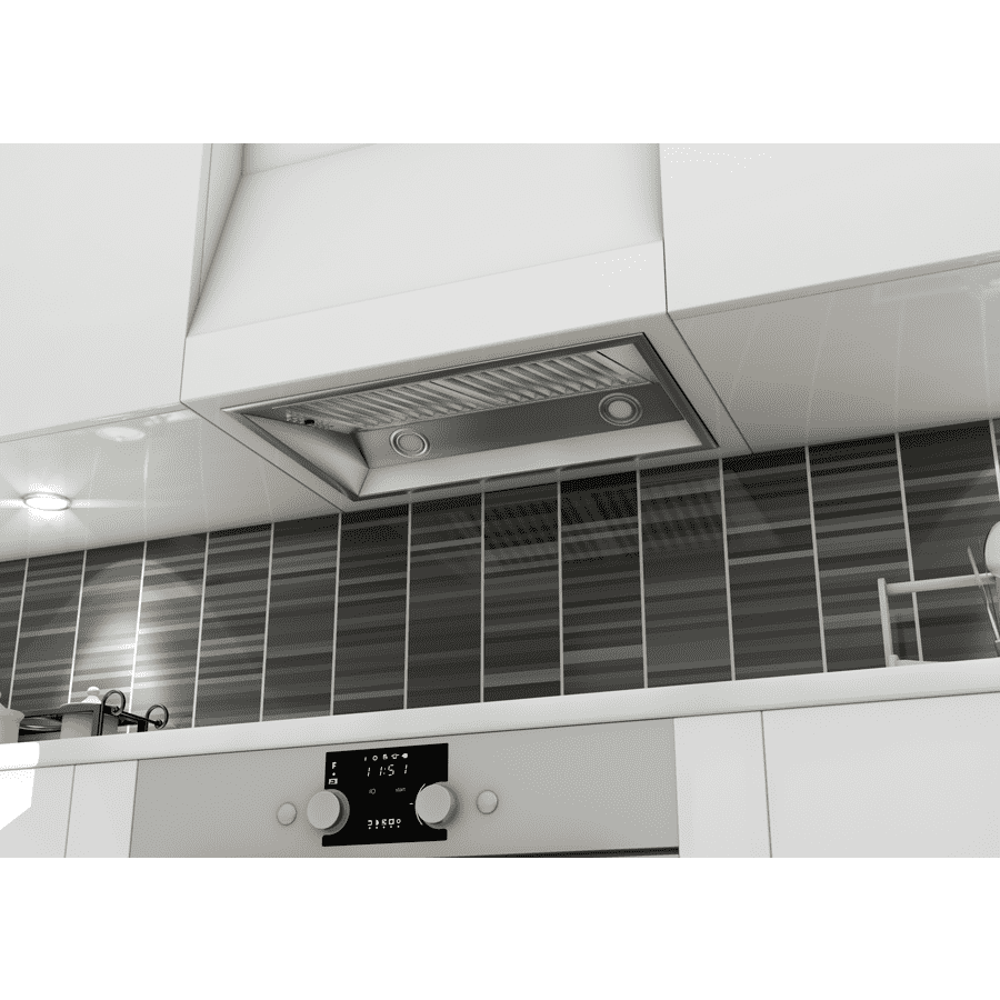 Stainless steel ducted range hood insert with vent slats and circular light fixtures