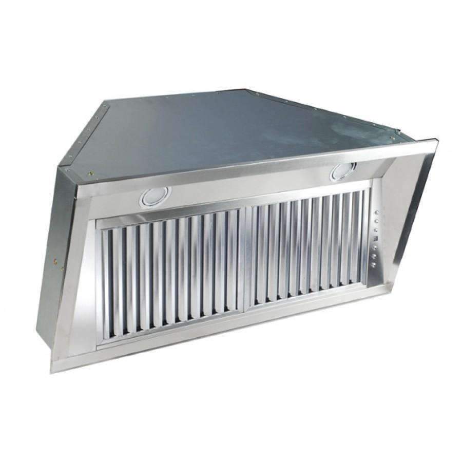 Stainless steel range hood insert with vertical grille slats and two round vents