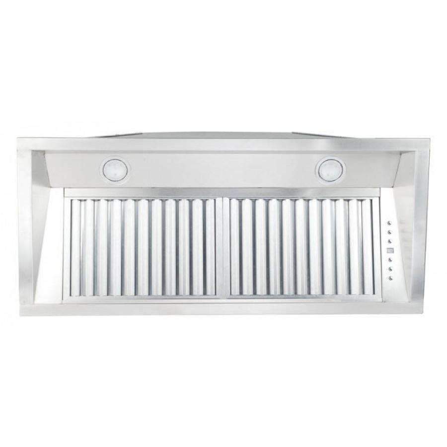 Stainless steel range hood insert front panel with vertical grille and two knobs