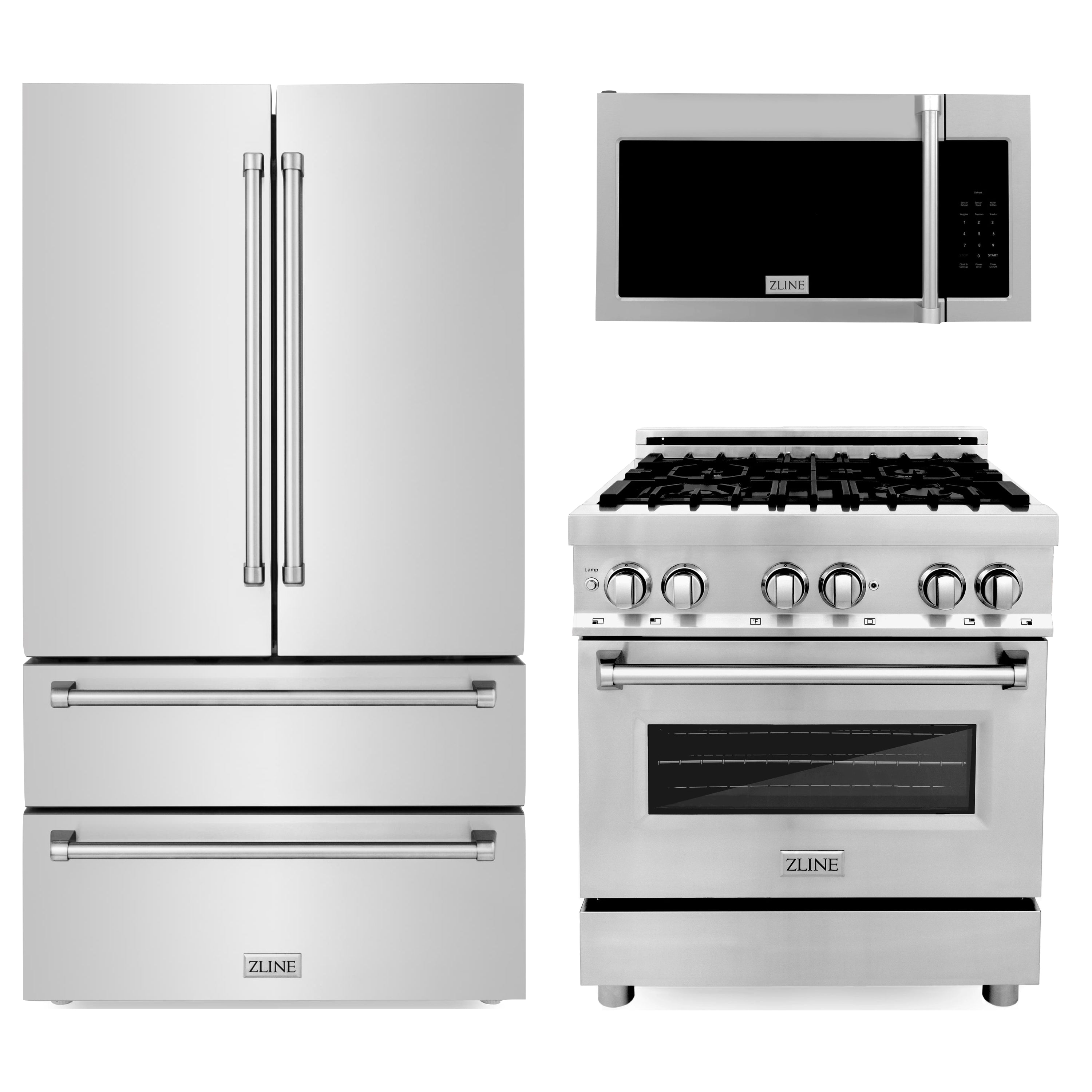 Stainless steel ZLINE refrigerator and dual fuel range with cooktop and oven door