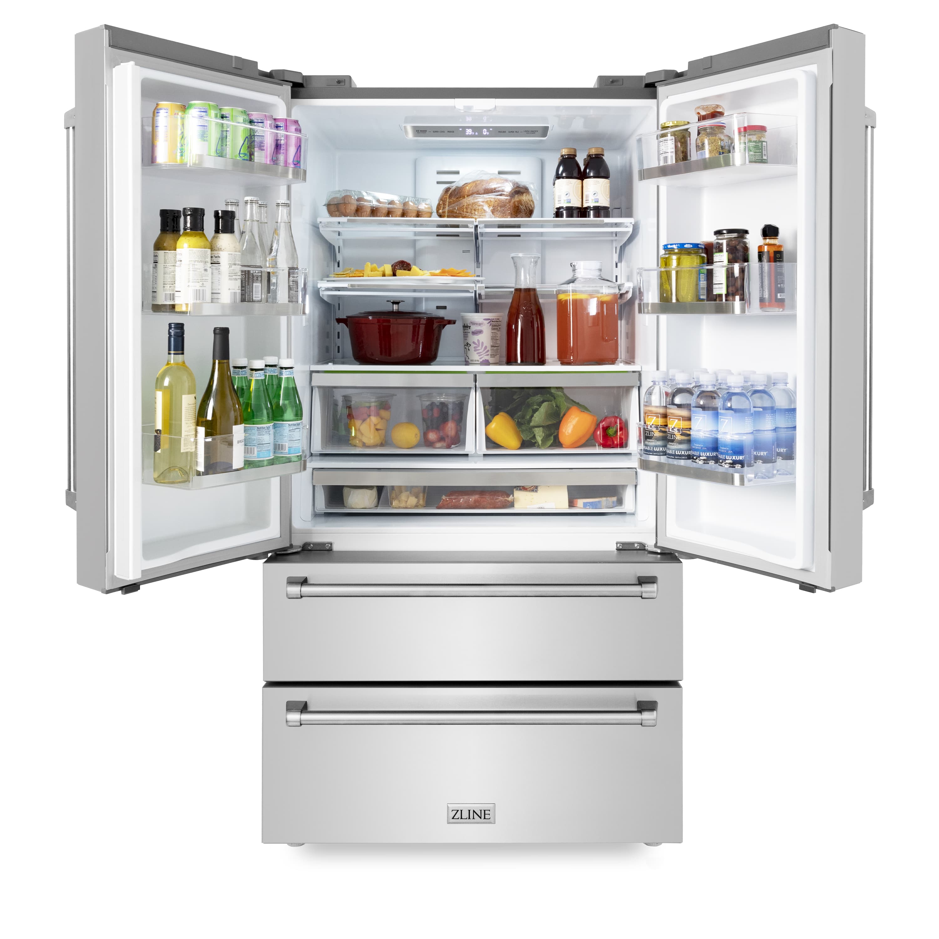 Refrigerator door open with interior shelves, bins, and bottom freezer drawers