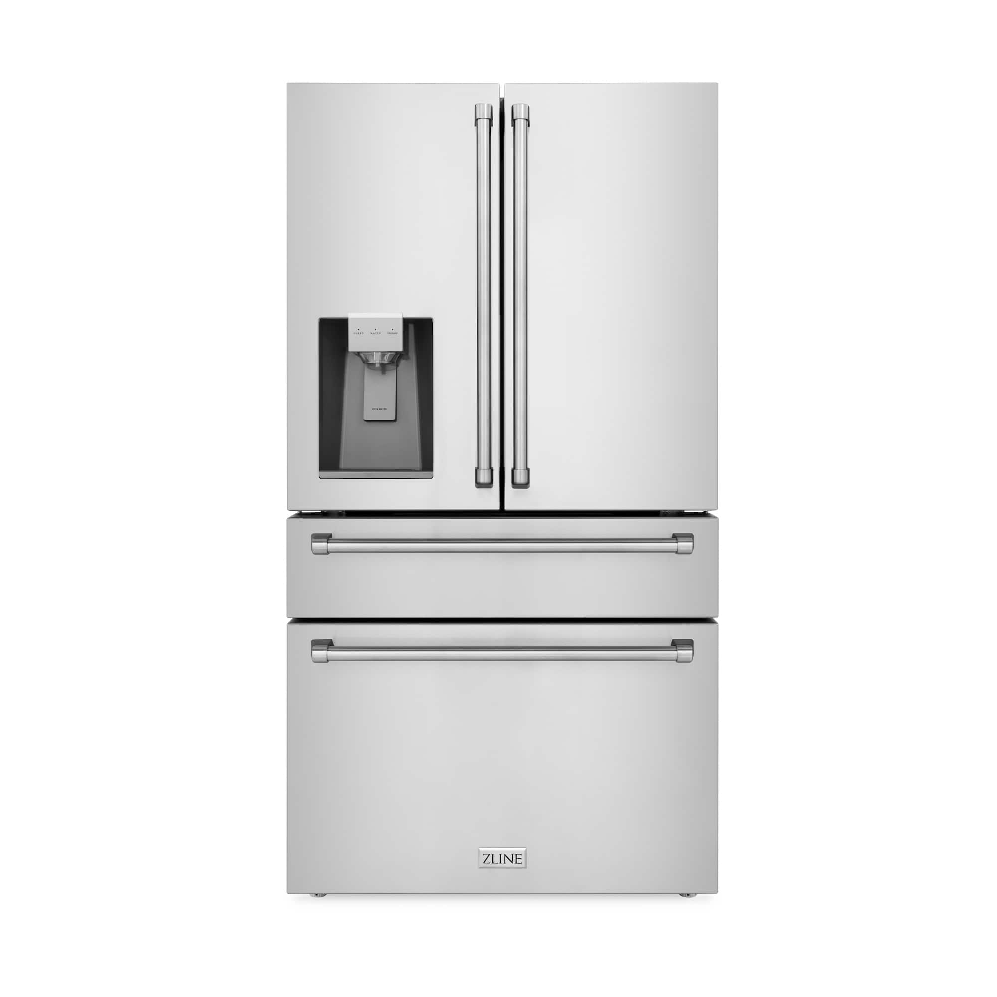 Stainless steel refrigerator with ice and water dispenser door and bottom freezer drawer