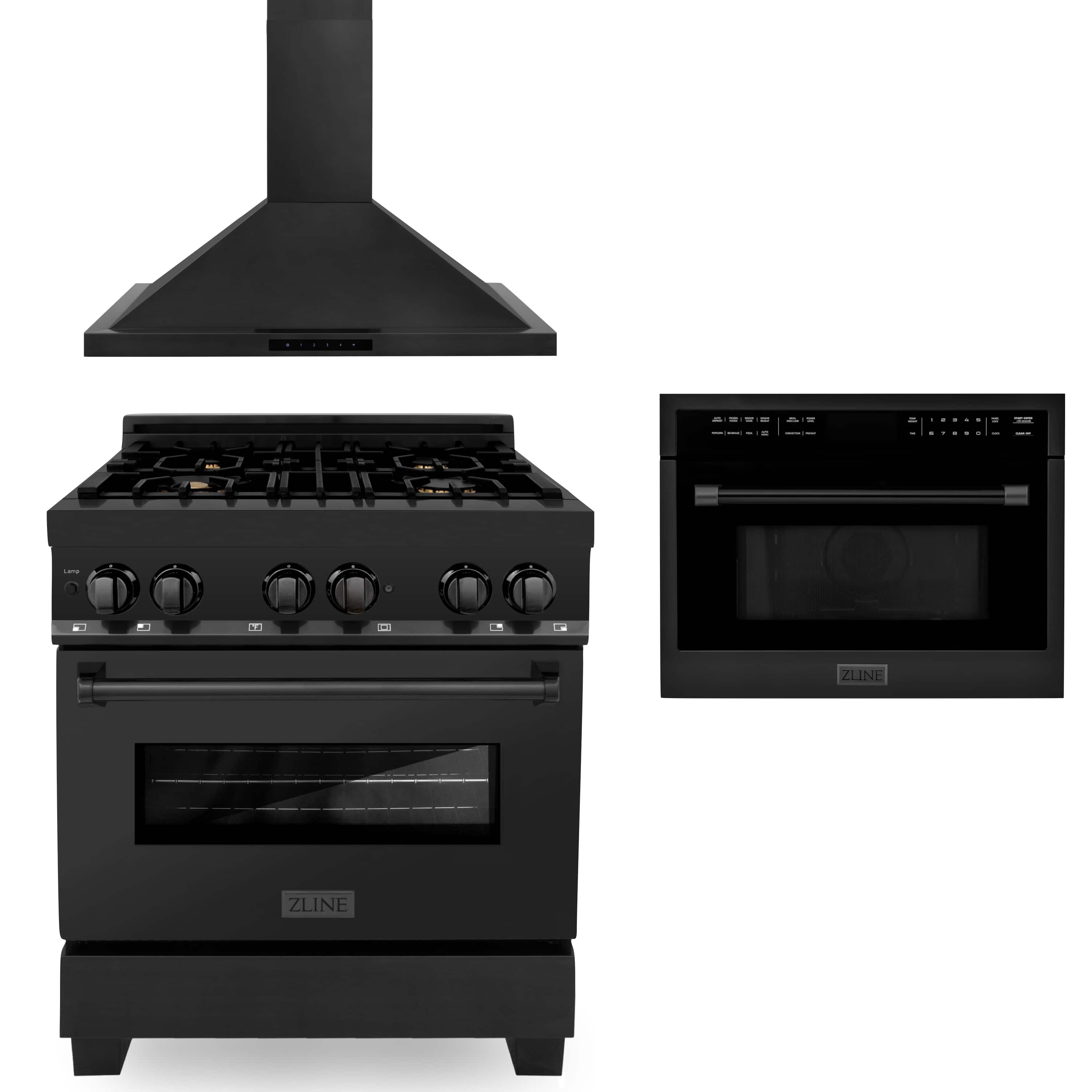 Chimney hood and black dual fuel range set shown in multiple angles