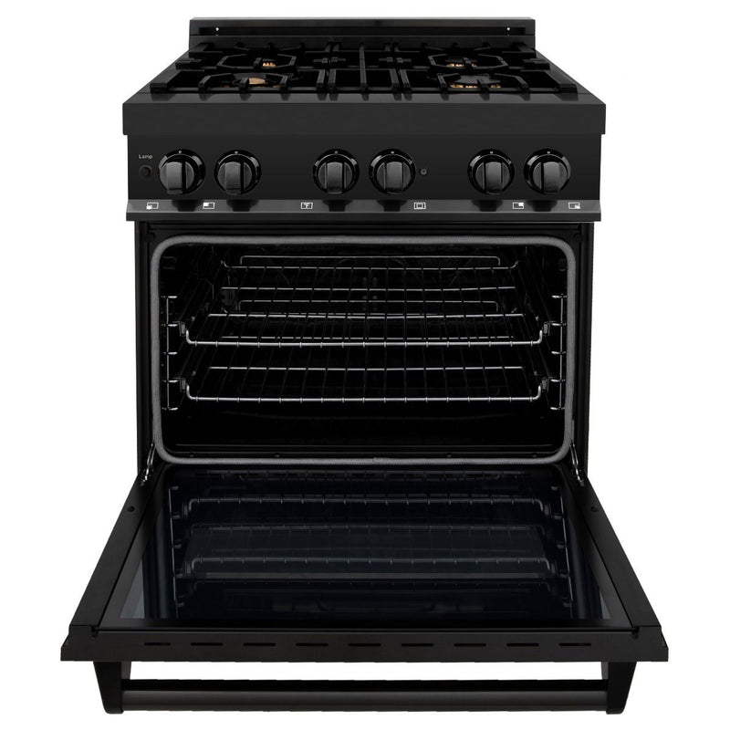 ZLINE 3-Piece Appliance Package - 30" Dual Fuel Range with Brass Burners, 24" Microwave Oven & Convertible Wall Mount Hood in Black Stainless Steel (3KP-RABRHMWO-30) Appliance Package ZLINE 