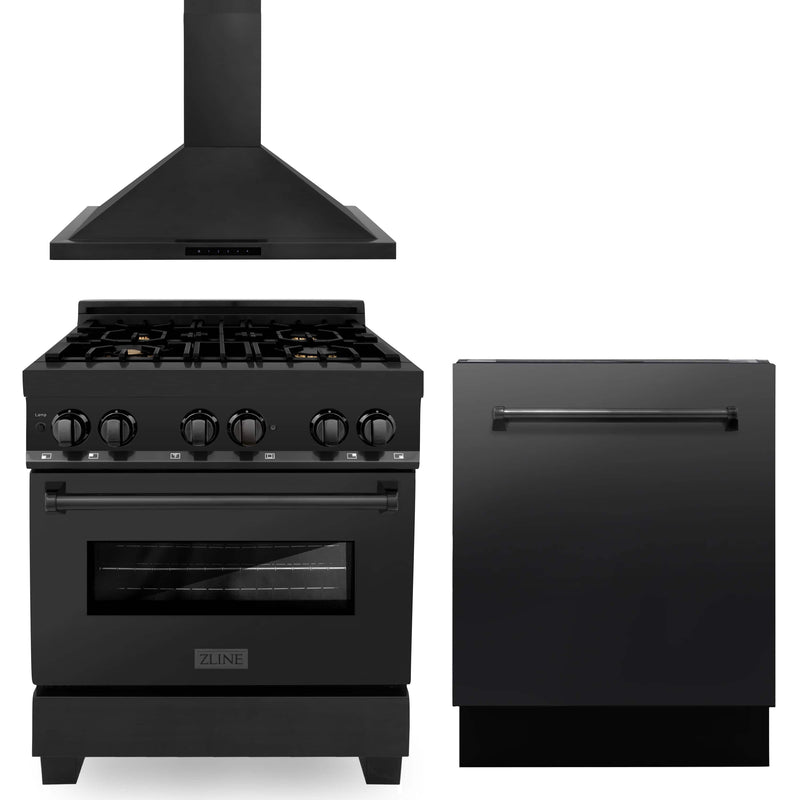 ZLINE 3-Piece Appliance Package - 30" Dual Fuel Range with Brass Burners, Convertible Wall Mount Hood, and 3-Rack Dishwasher in Black Stainless Steel Appliance Package ZLINE 
