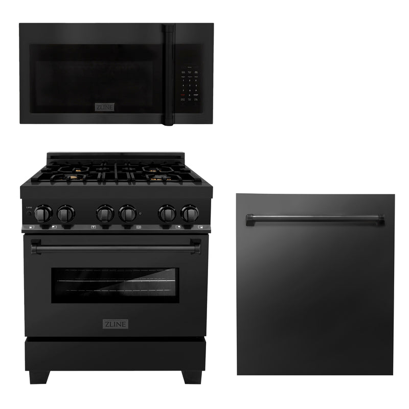 ZLINE 3-Piece Appliance Package - 30" Dual Fuel Range with Brass Burners, Over the Range Microwave/Vent Hood Combo, and Dishwasher in Black Stainless Steel Appliance Package ZLINE 