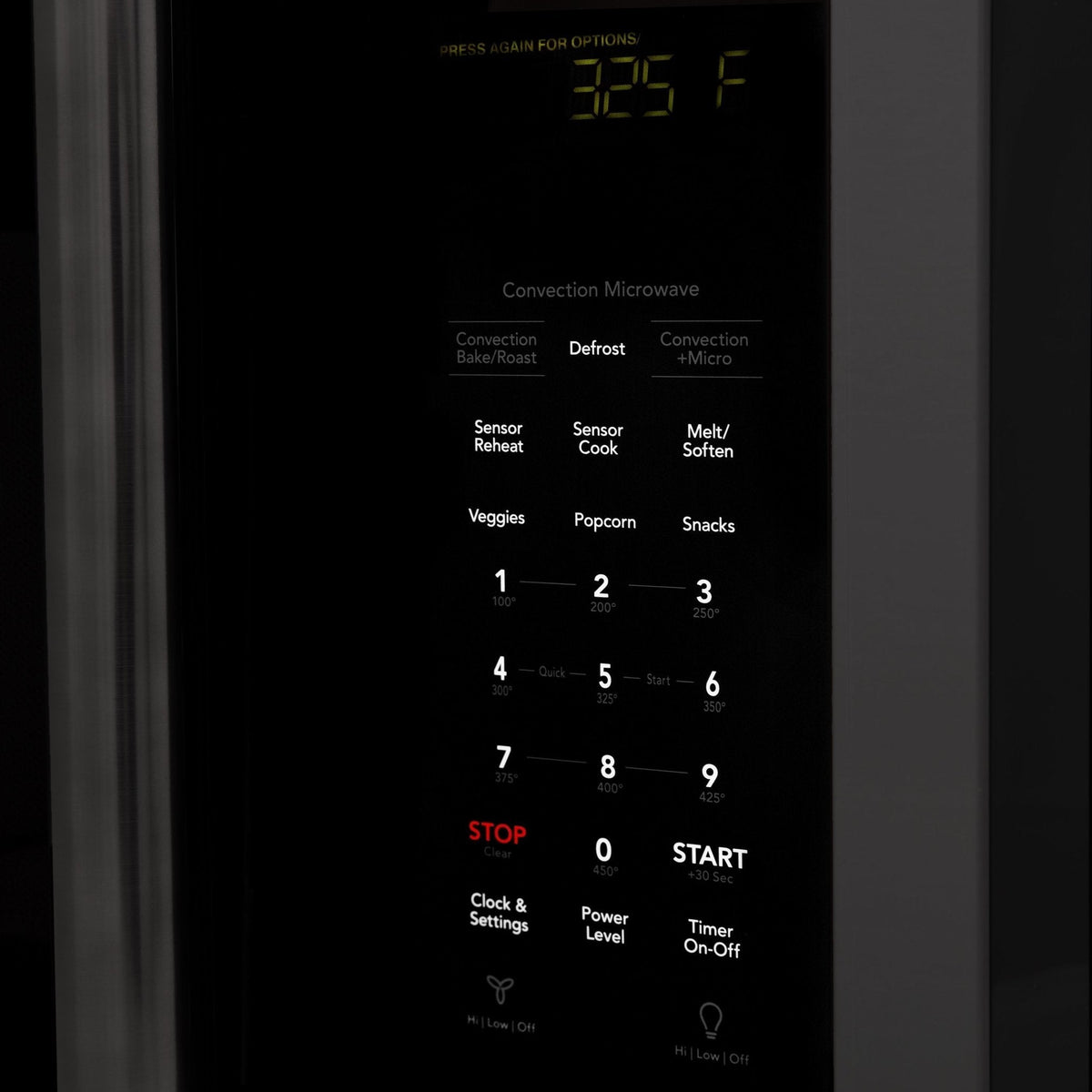 ZLINE convection microwave control panel with digital display and touch buttons