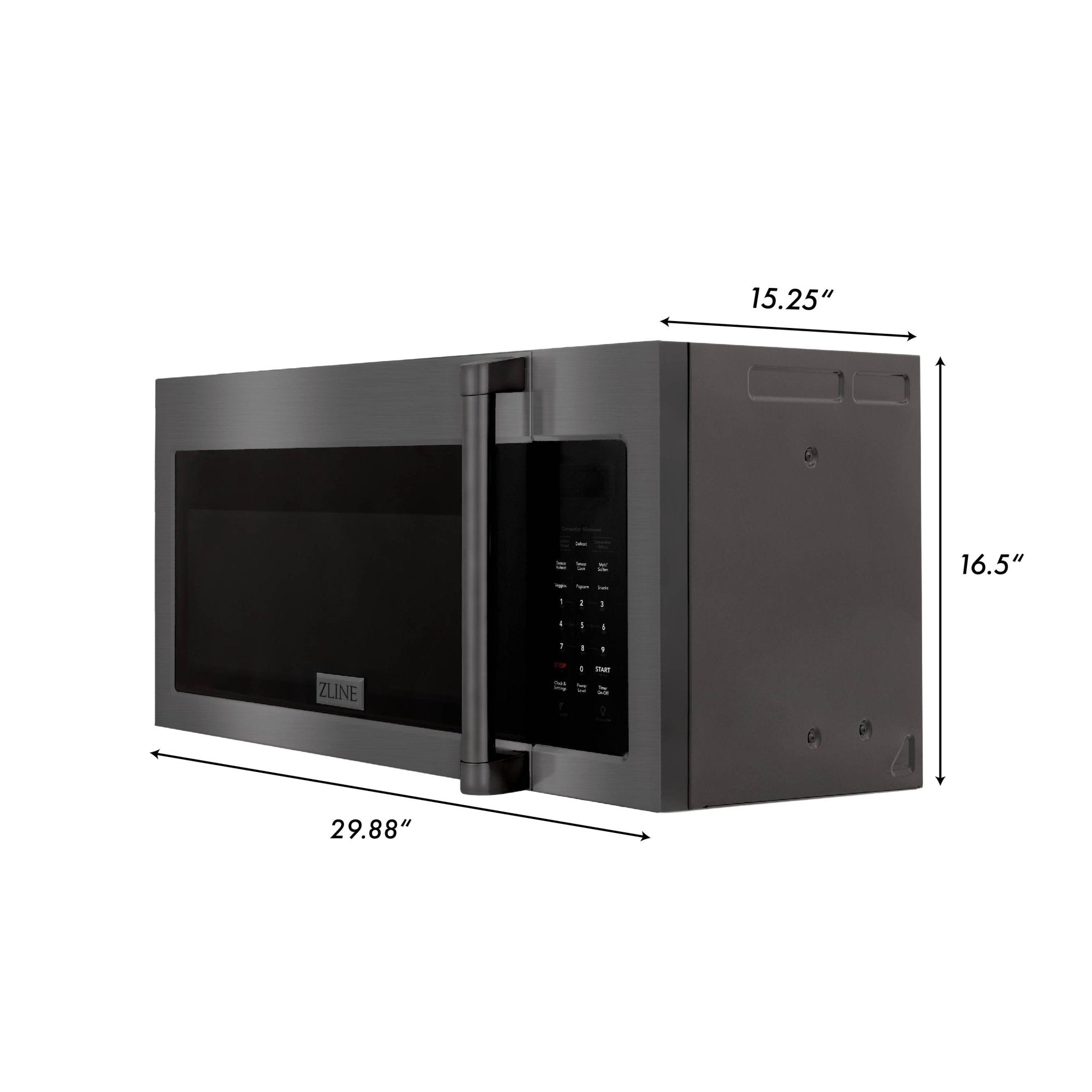 Built-in microwave side profile showing dimensions and front control panel