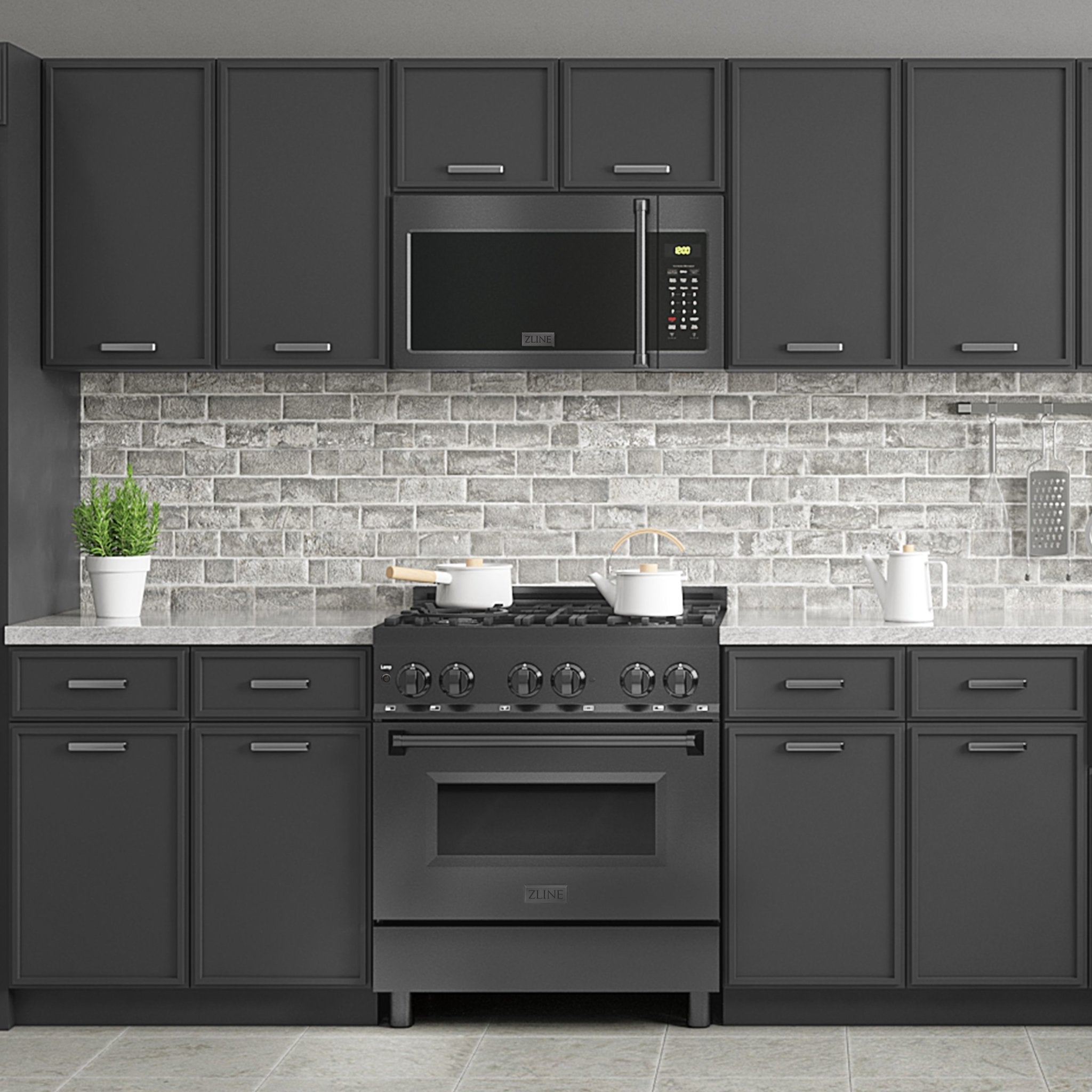 Freestanding dual-fuel range with dark oven door and control panel, installed in a kitchen