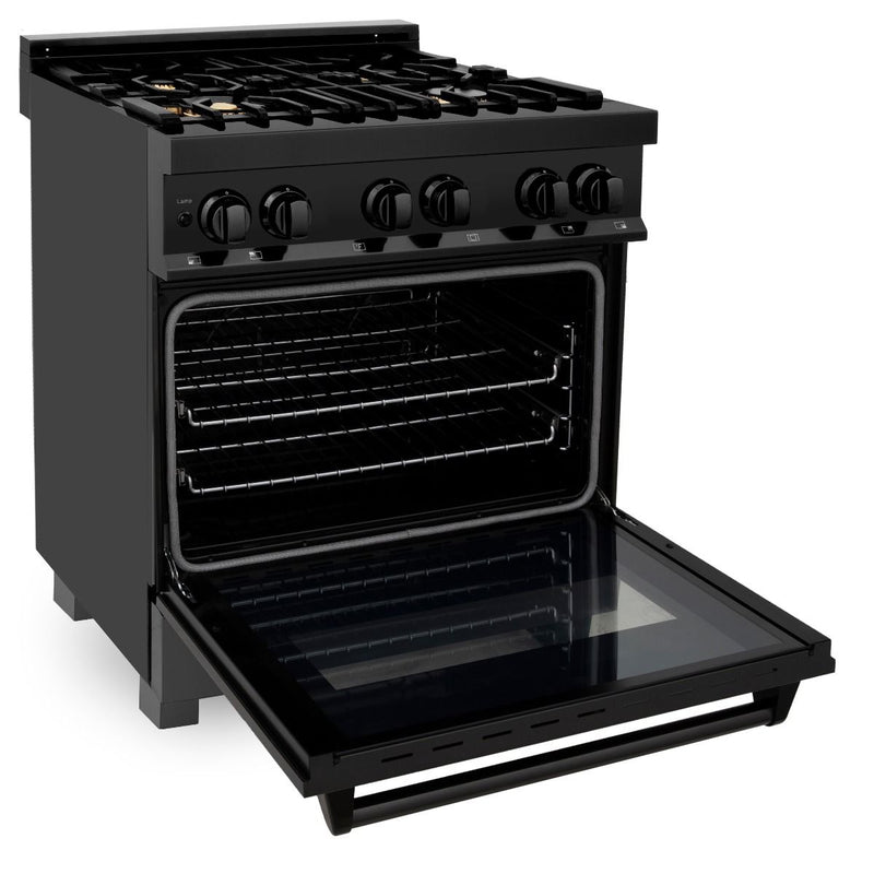 ZLINE 3-Piece Appliance Package - 30" Gas Range with Brass Burners, Over the RangeMicrowave/Vent Hood Combo, and 3-Rack Dishwasher in Black Stainless Steel Appliance Package ZLINE 