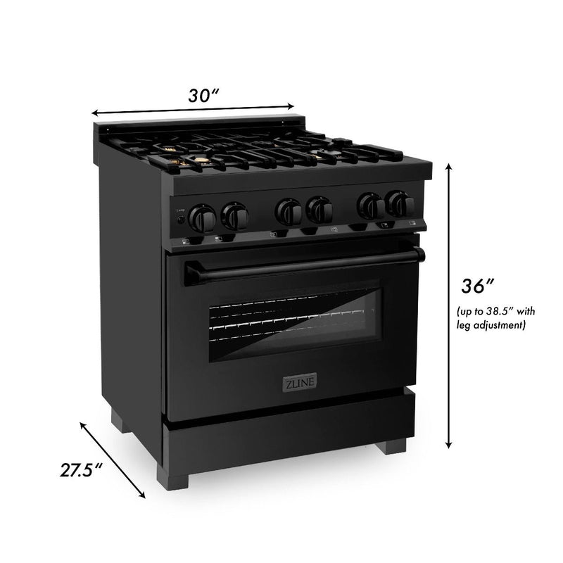 ZLINE 3-Piece Appliance Package - 30" Gas Range with Brass Burners, Over the RangeMicrowave/Vent Hood Combo, and 3-Rack Dishwasher in Black Stainless Steel Appliance Package ZLINE 