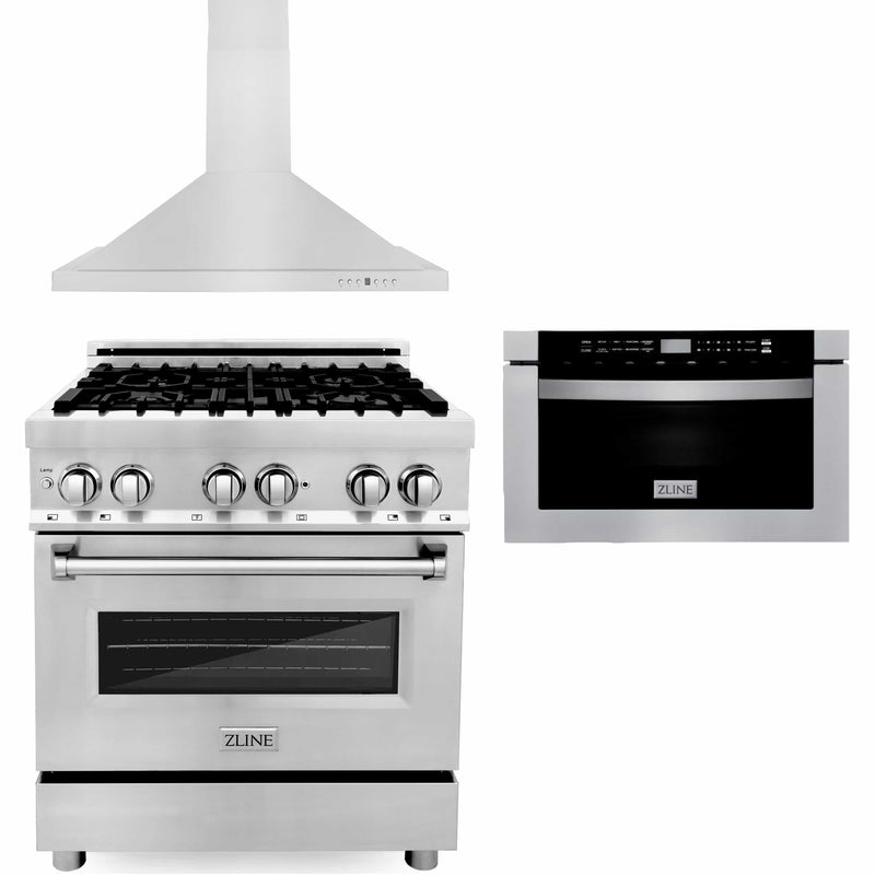 ZLINE 3-Piece Appliance Package - 30-inch Dual Fuel Range, Premium Hood & Microwave Drawer in Stainless Steel (3KP-RARH30-MW) Appliance Package ZLINE 