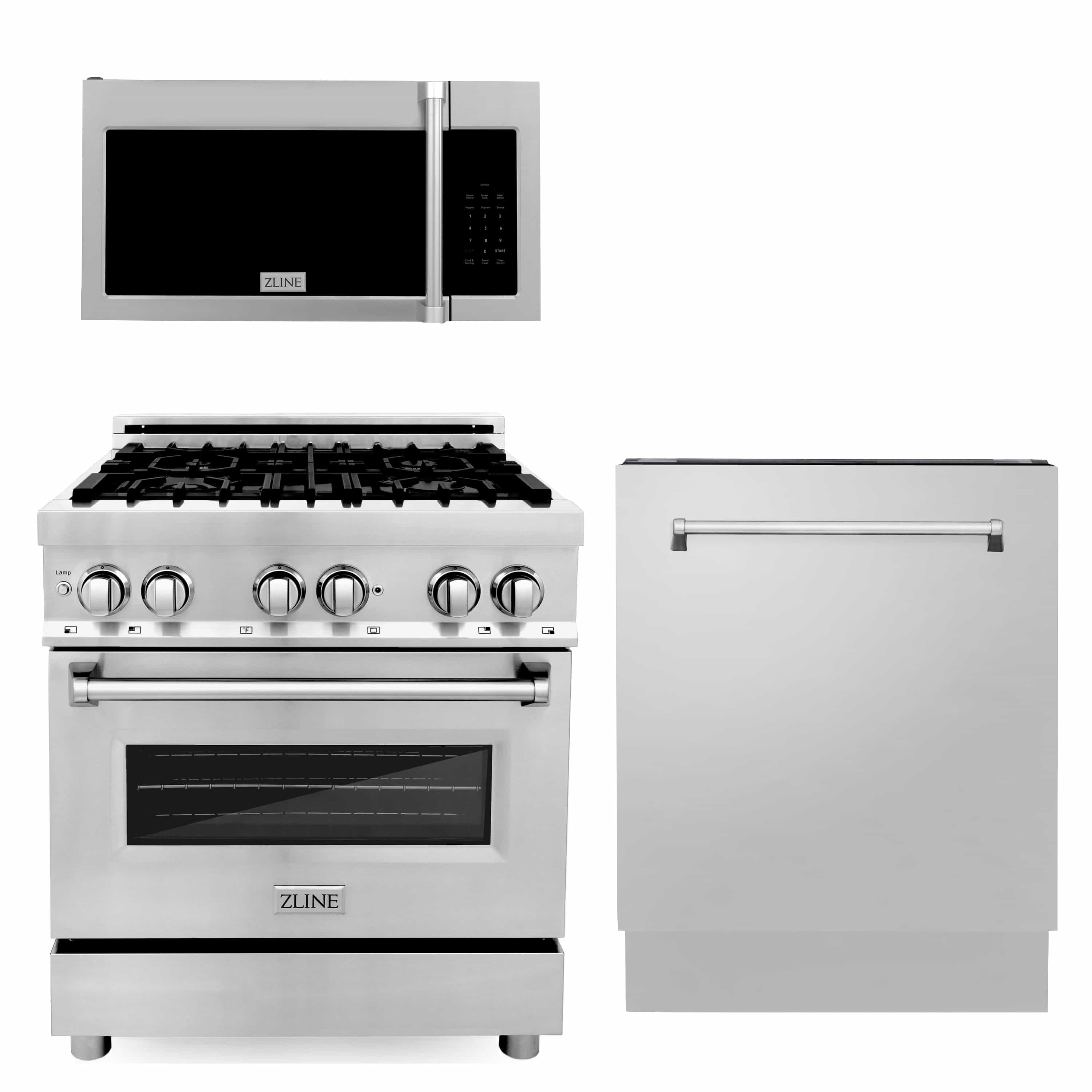 Dual fuel range with knobs and over-the-range microwave above