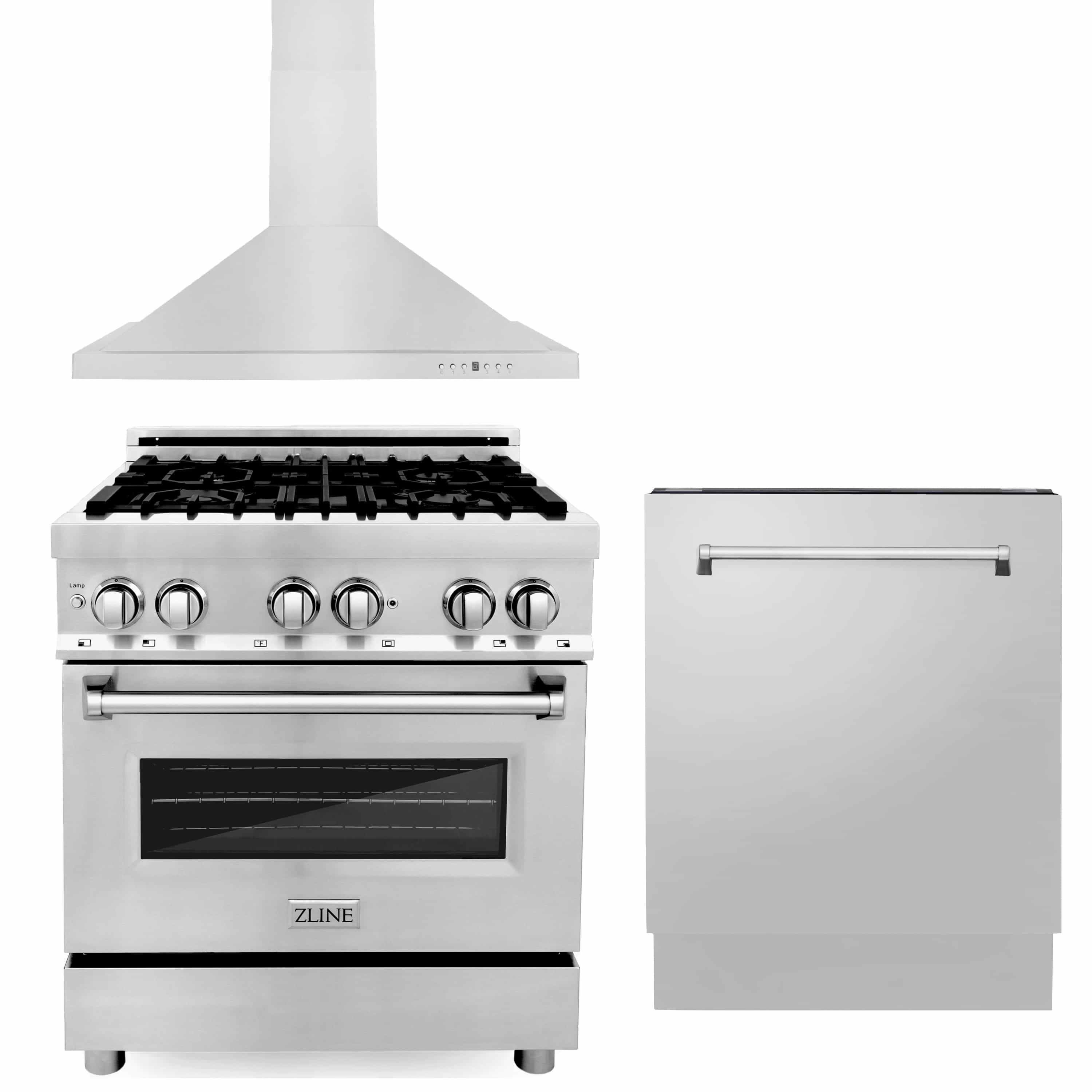Stainless dual fuel range with chimney hood and matching white dishwasher side-by-side