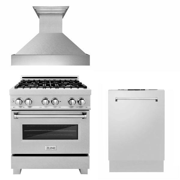 ZLINE 3-Piece Appliance Package - 30-inch Dual Fuel Range, Tall Tub Dishwasher & Premium Wall Mount Hood in DuraSnow Stainless Steel (3KP-RASRH30-DWV) Appliance Package ZLINE 