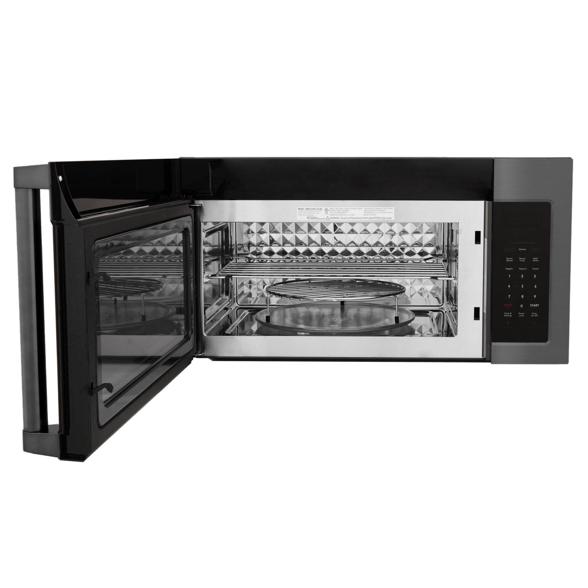 Black oven door open, showing oven interior racks and broil surface
