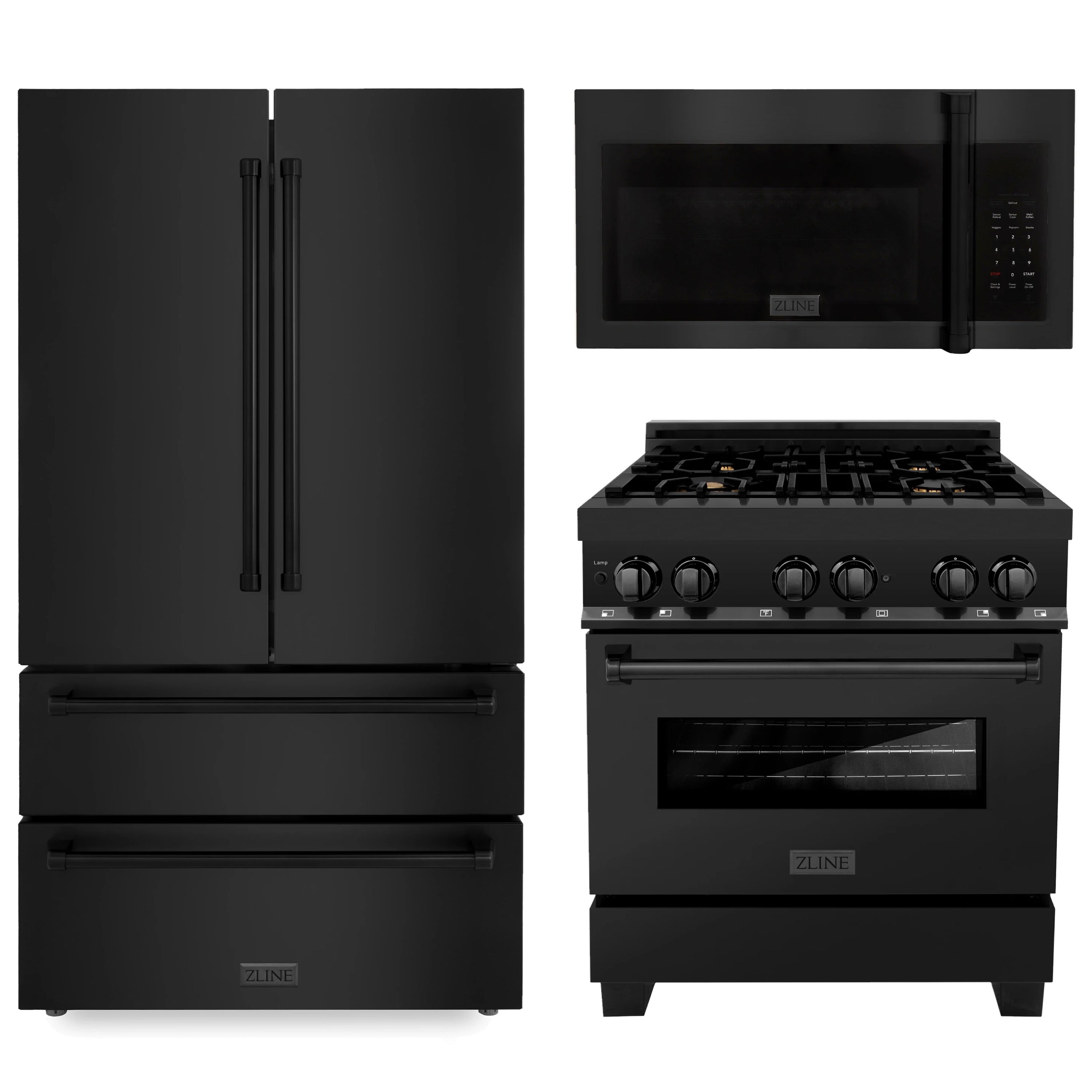 Black kitchen appliance set with side-by-side refrigerator, microwave, and dual fuel range