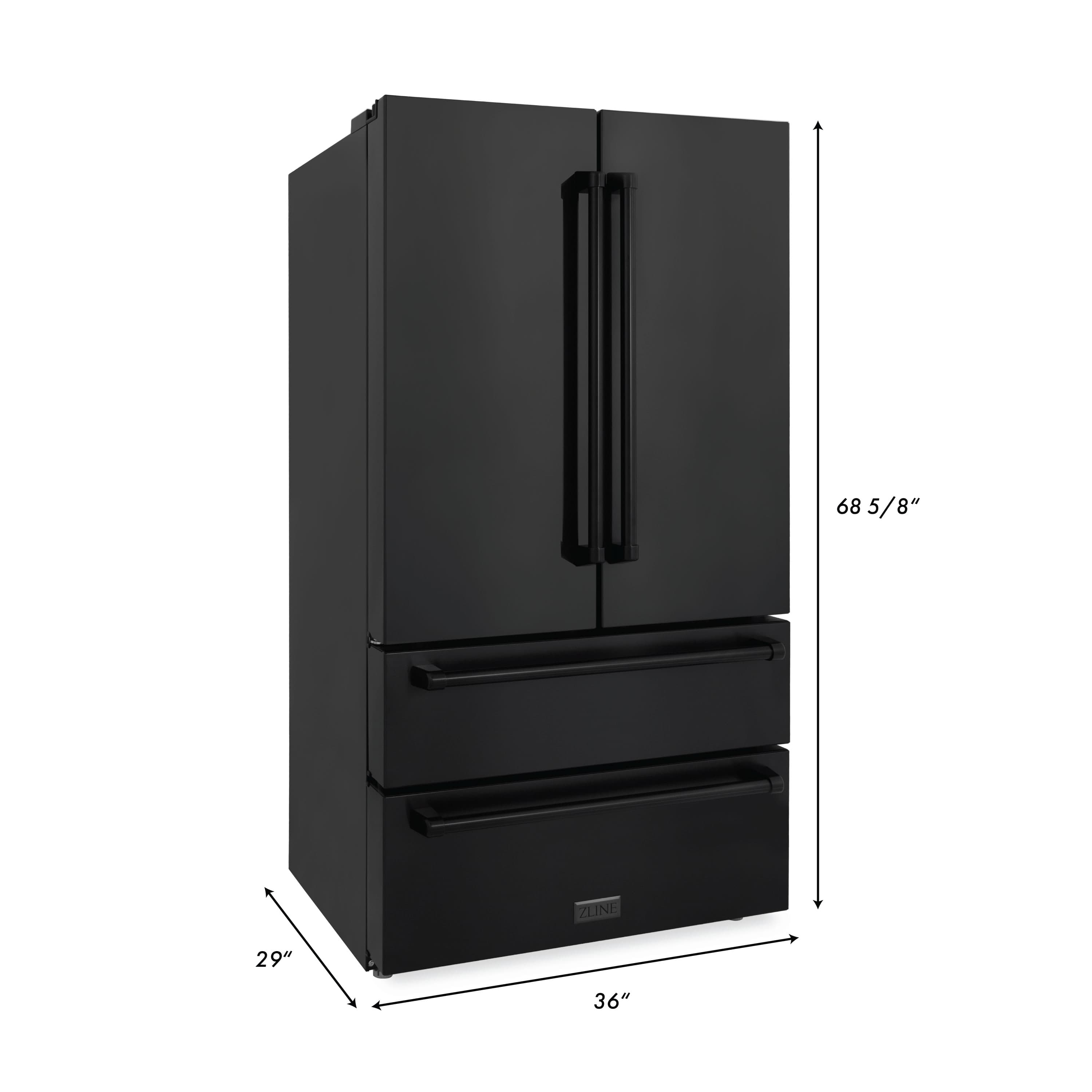 ZLINE black refrigerator with dual doors and bottom freezer, with dimension lines