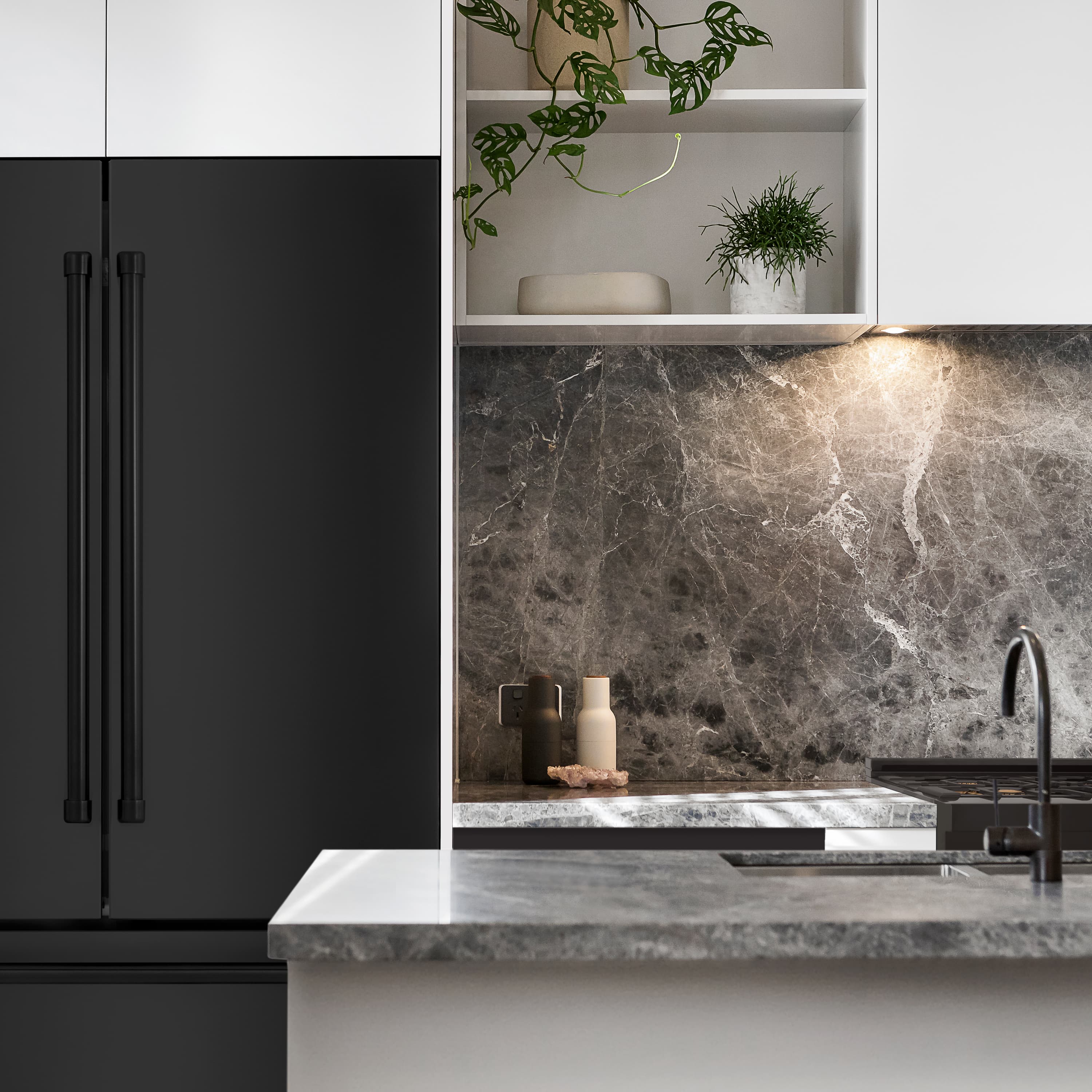 ZLINE refrigerator doors with black finish and long vertical handles