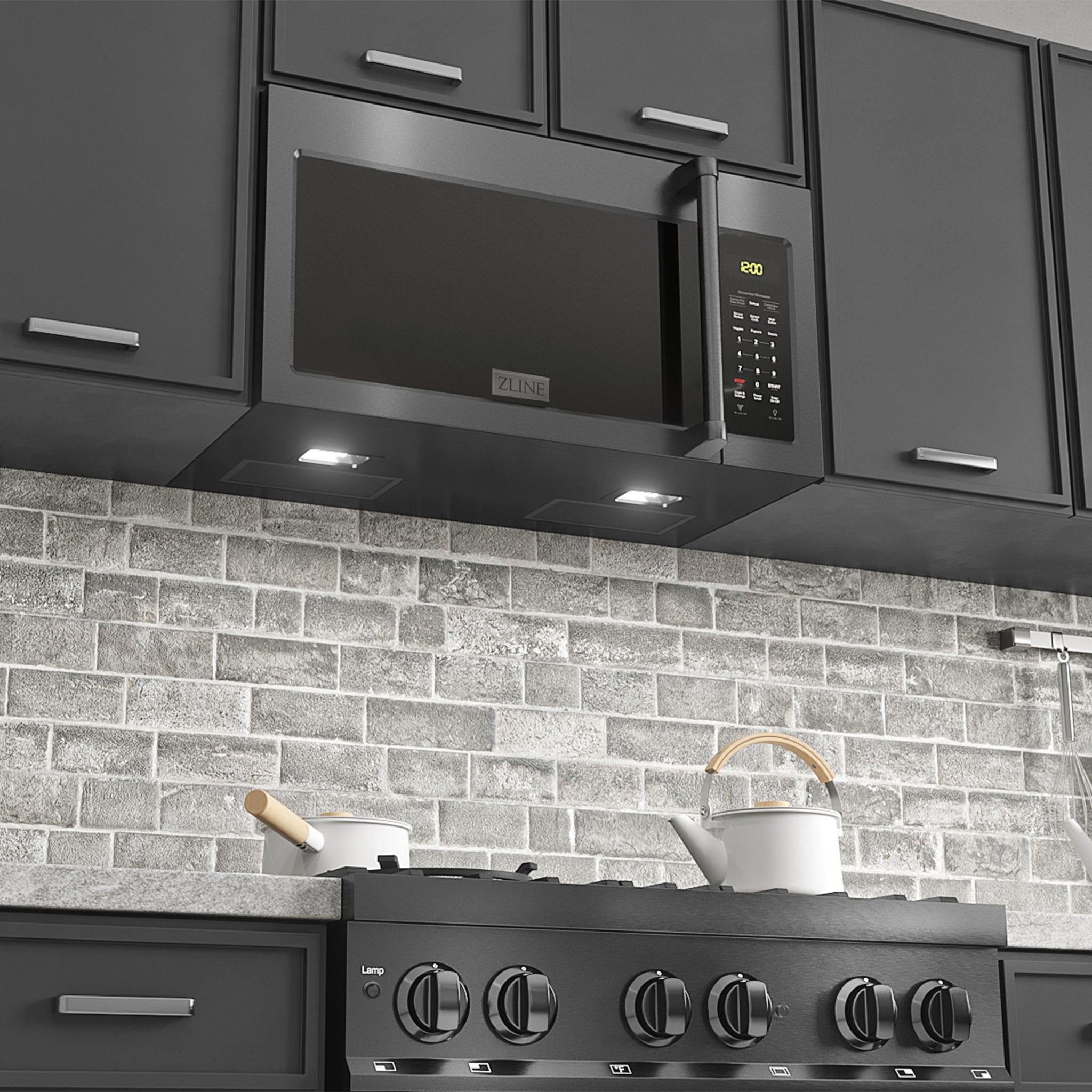 Built-in range hood above a black cooktop with control knobs and vent lights