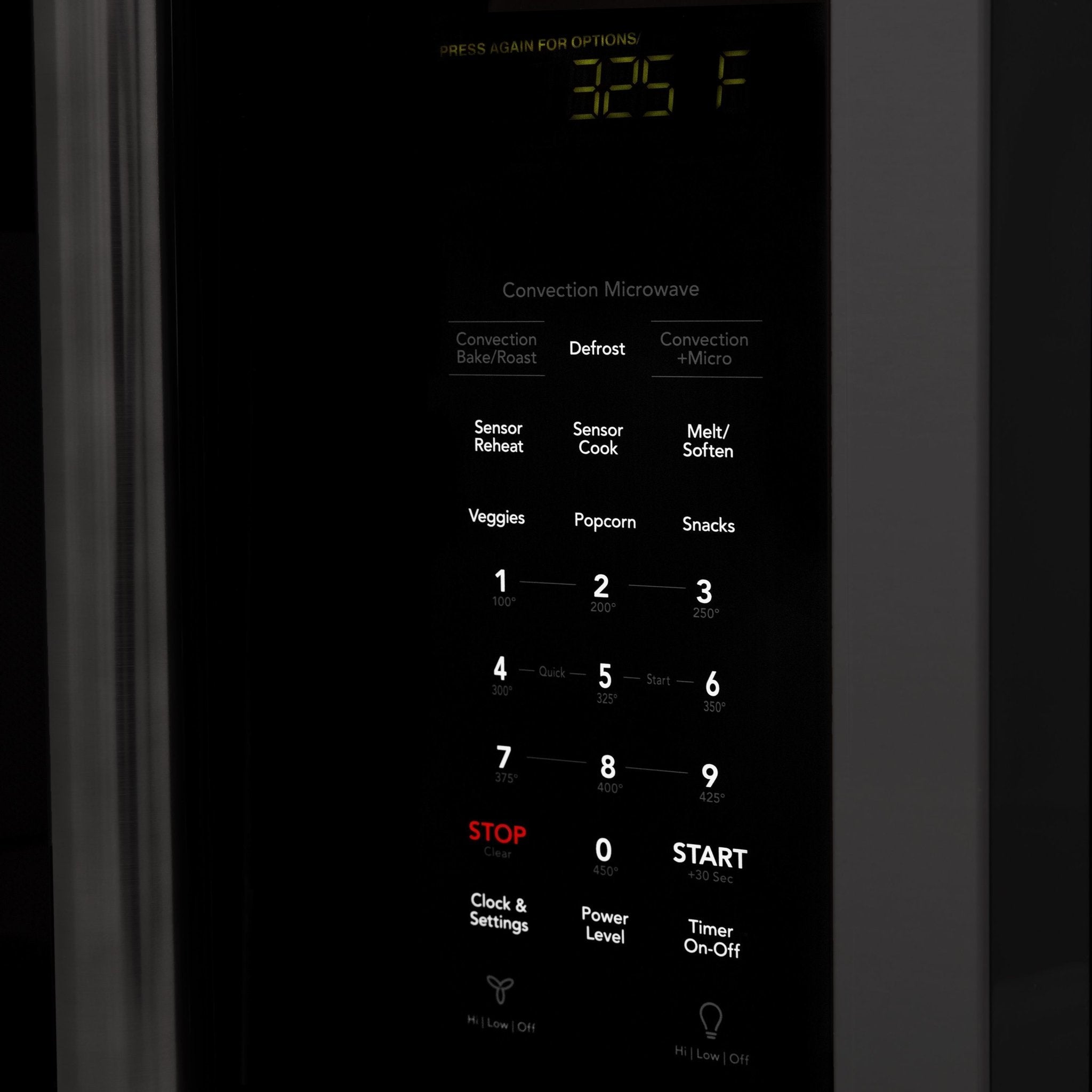 ZLINE microwave control panel with digital display and labeled button keypad