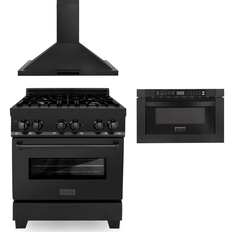 ZLINE 3-Piece Appliance Package - 30-inch Dual Fuel Range with Brass Burners, Microwave Drawer & Convertible Wall Mount Range Hood in Black Stainless Steel (3KP-RABRH30-MW) Appliance Package ZLINE 