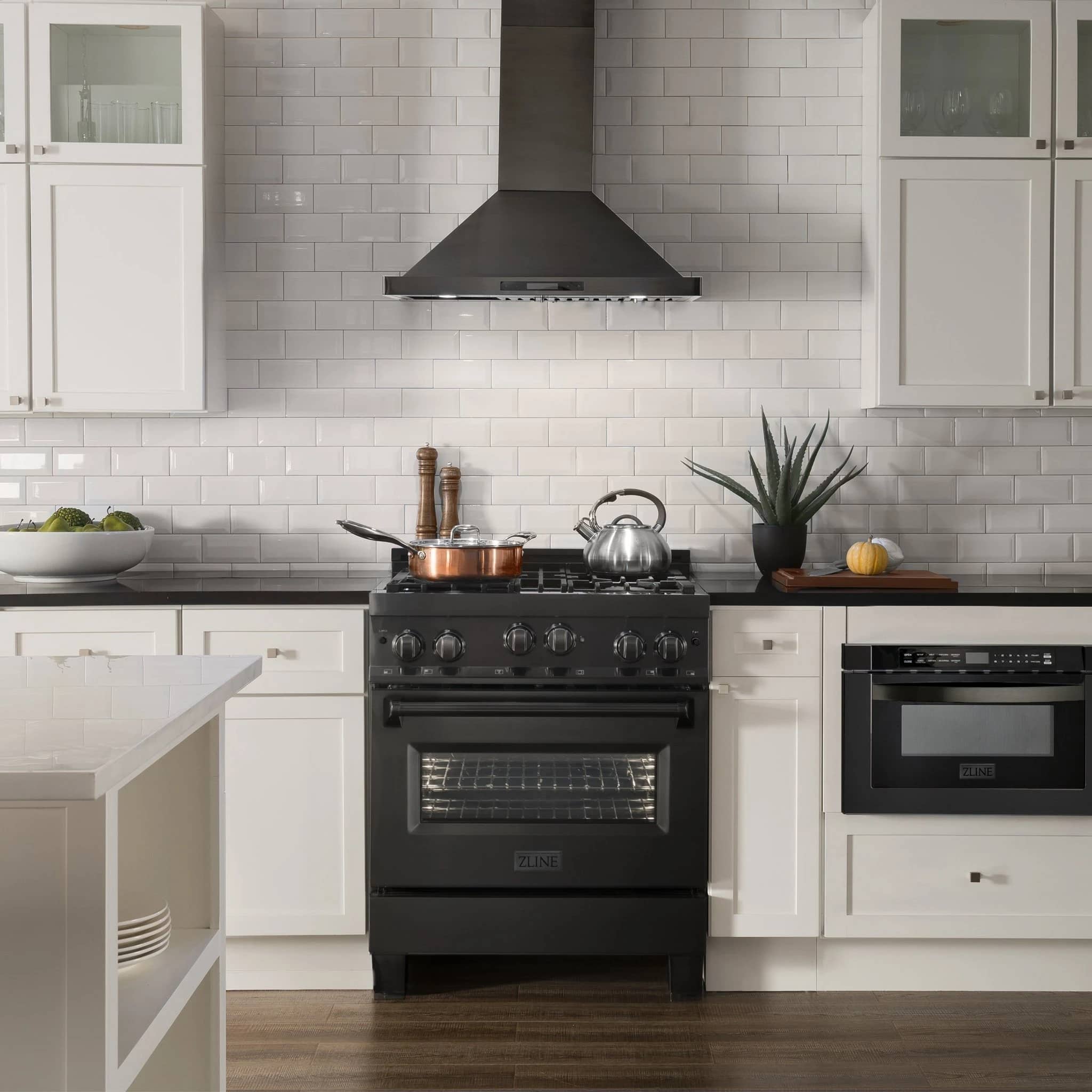 Black dual fuel range with oven door and built-in wall range hood in stainless steel