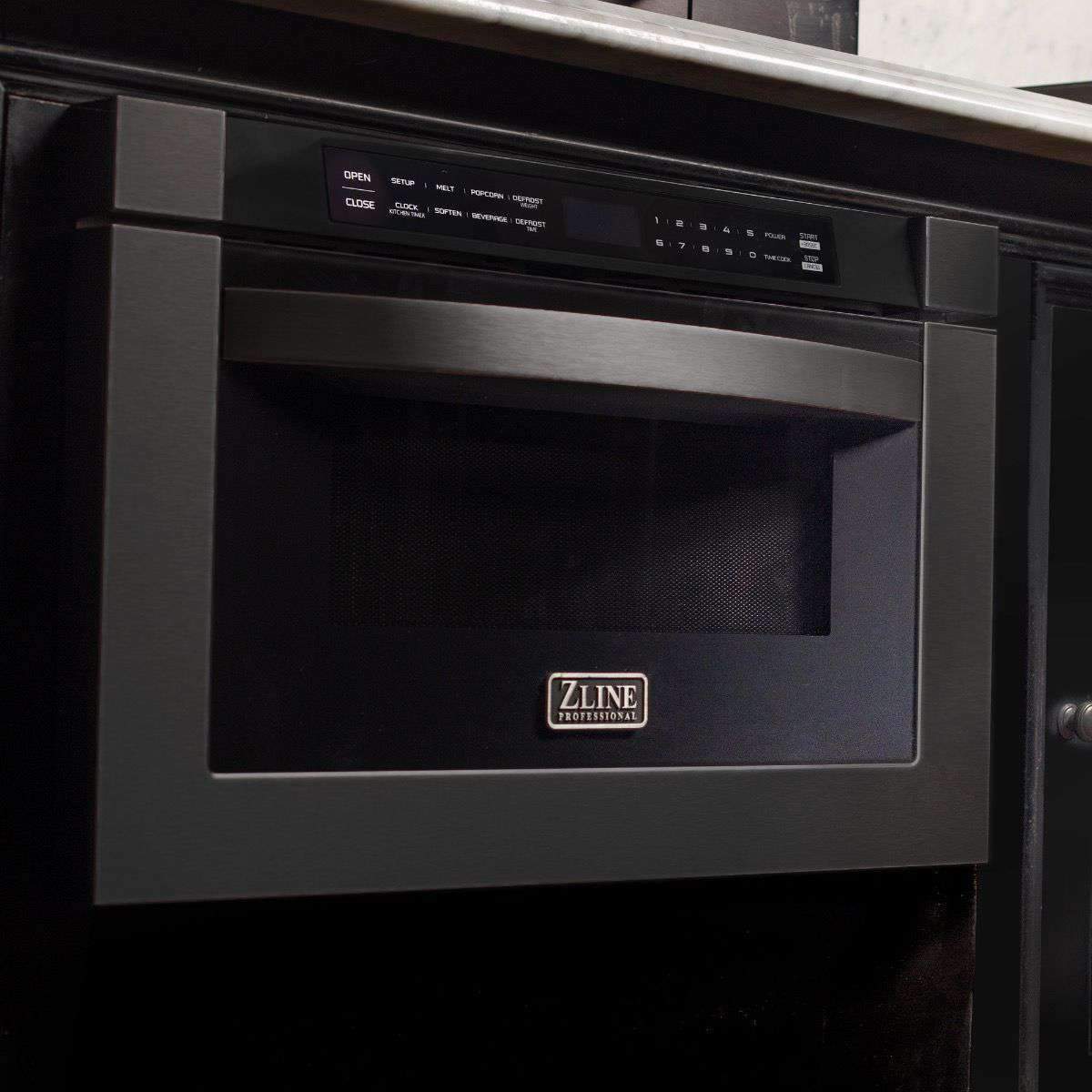 Black stainless microwave drawer with open door and digital control display