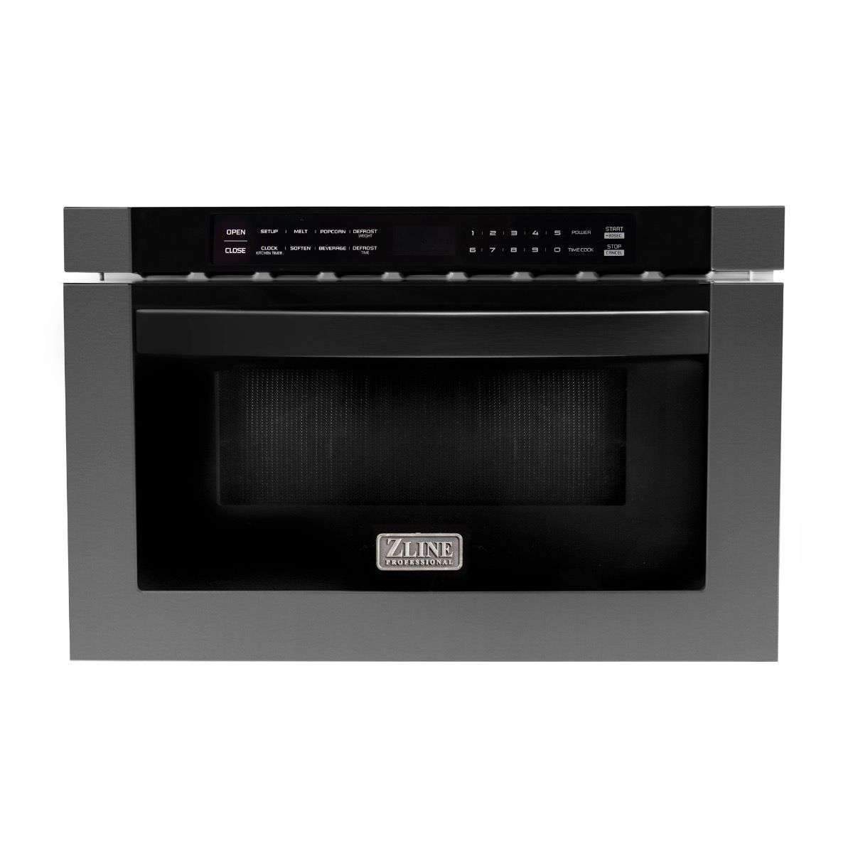 Black microwave drawer with front viewing window and control panel