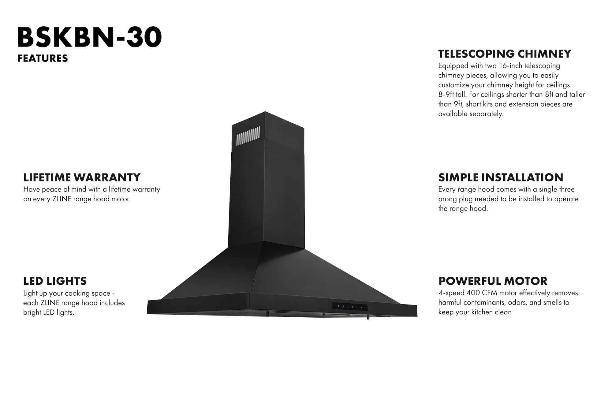 Black chimney-style wall range hood with LED light strip and vertical flue
