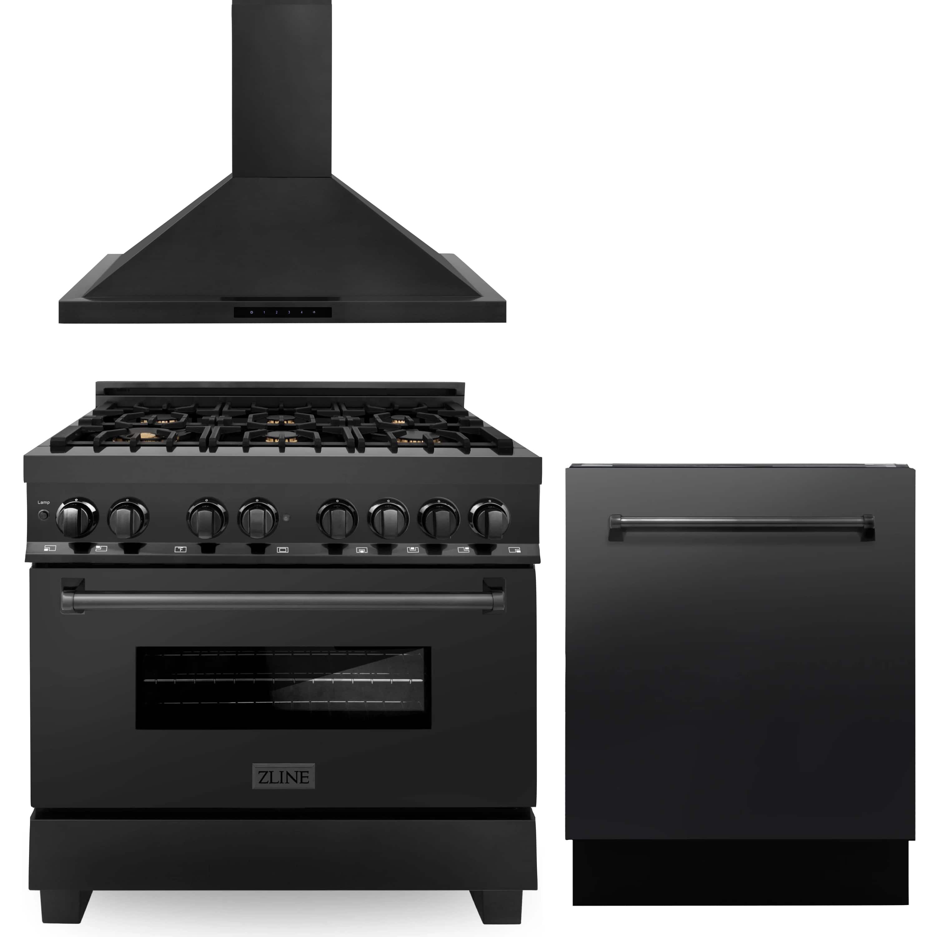 Black dual-fuel range with knobs, oven window, and matching dishwasher