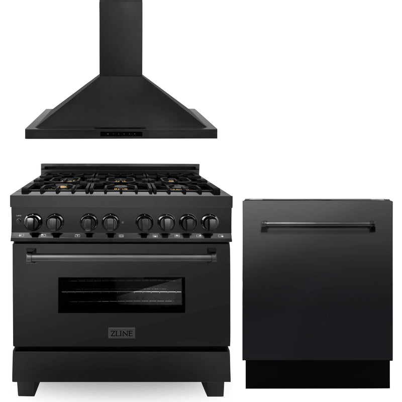 ZLINE 3-Piece Appliance Package - 36" Dual Fuel Range with Brass Burners, Convertible Wall Mount Hood, and 3-Rack Dishwasher in Black Stainless Steel Appliance Package ZLINE 