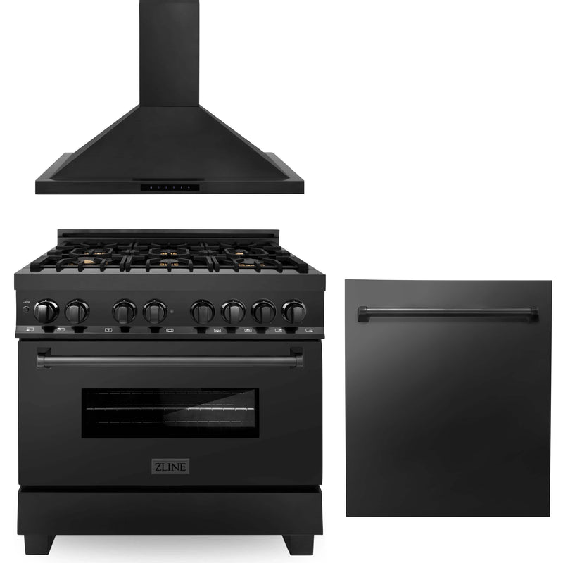 ZLINE 3-Piece Appliance Package - 36" Dual Fuel Range with Brass Burners, Premium Convertible Wall Mount Hood & Dishwasher in Black Stainless Steel (3KP-RABRH36-DW) Appliance Package ZLINE 