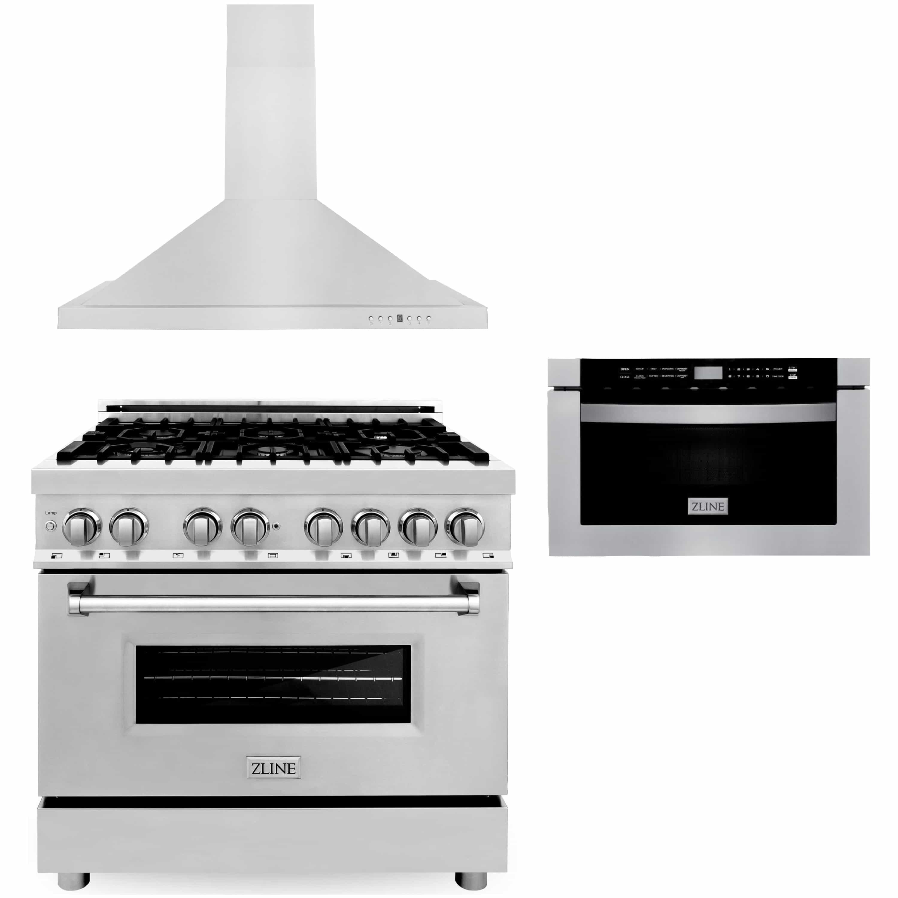 Stainless steel ZLINE dual-fuel range with oven door, knobs, and burners