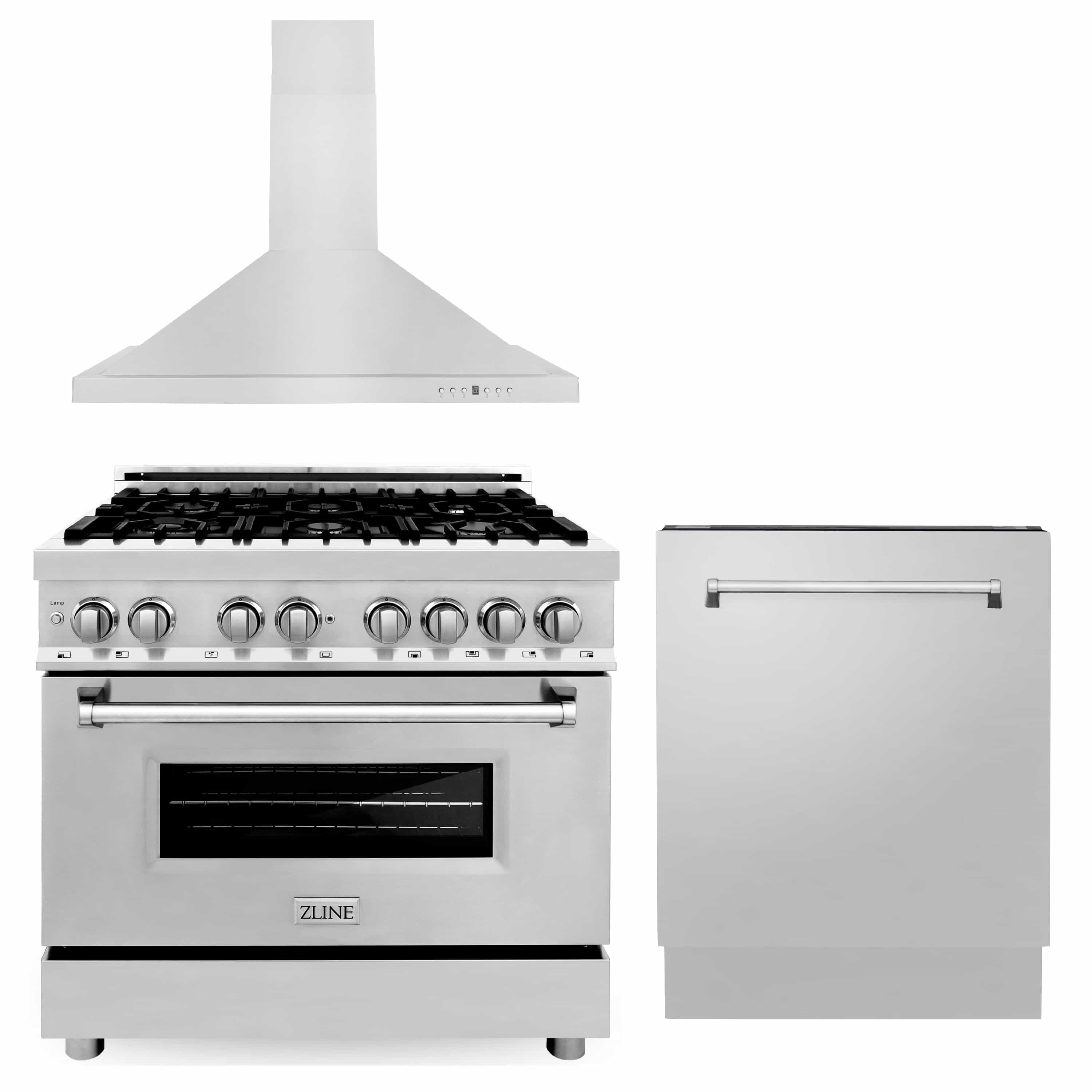 Stainless steel dual fuel range with black grates, control knobs, and oven door