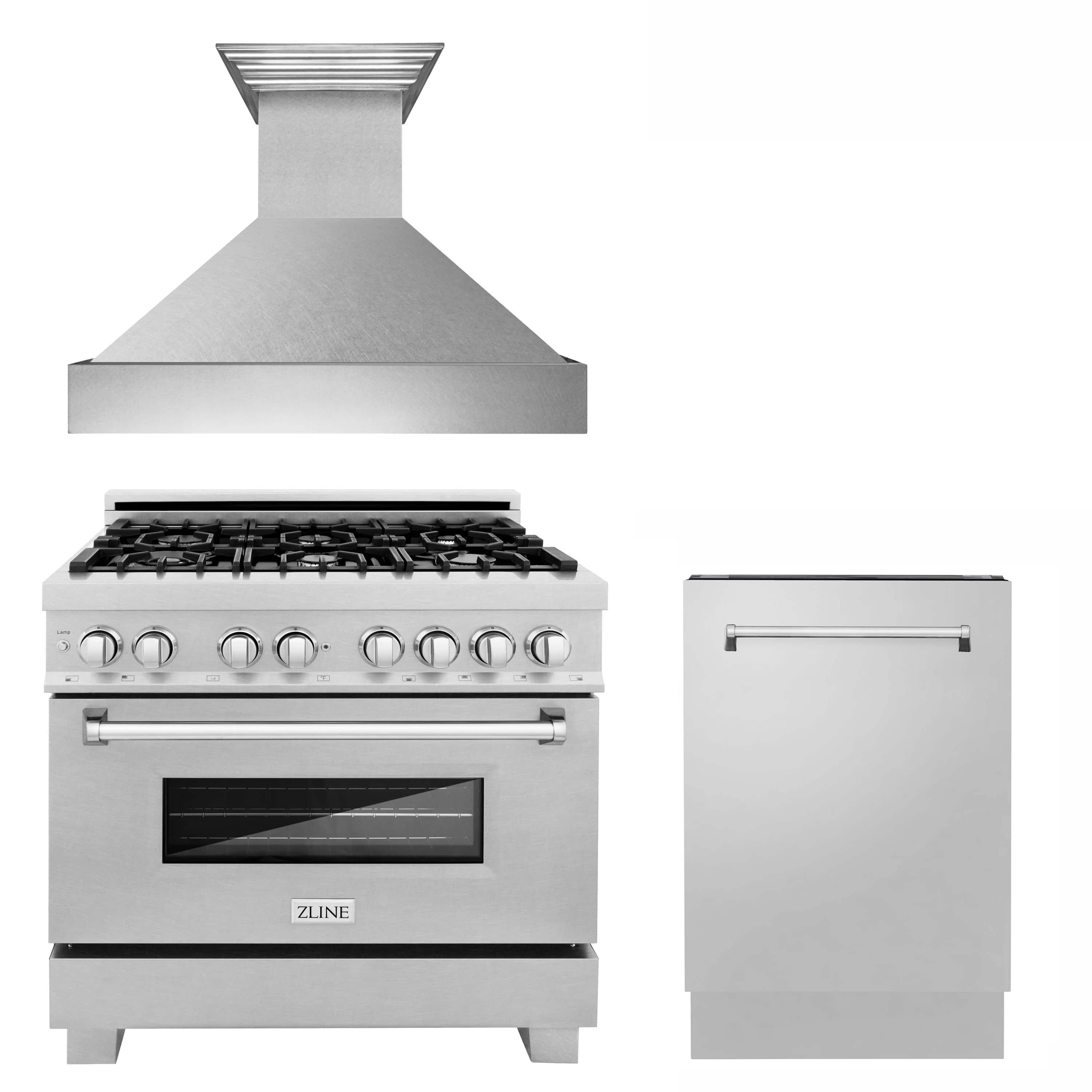 Stainless dual fuel range with 6 burners and control knobs; matching cabinet panel