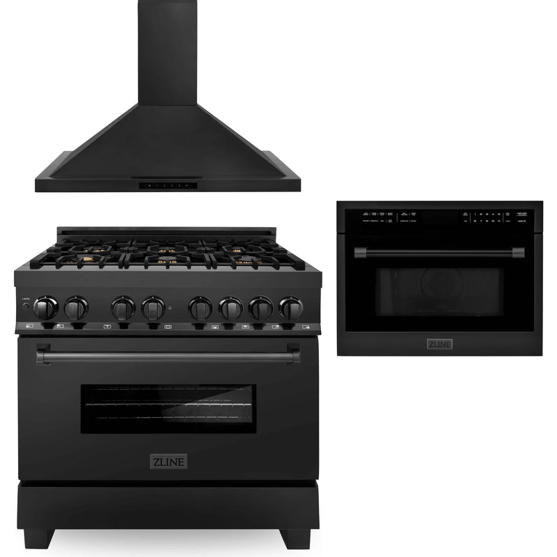 ZLINE 3-Piece Appliance Package - 36-inch Dual Fuel Range with Brass Burners, Convertible Wall Mount Hood & 24-inch Microwave Oven in Black Stainless Steel (3KP-RABRHMWO-36) Appliance Package ZLINE 