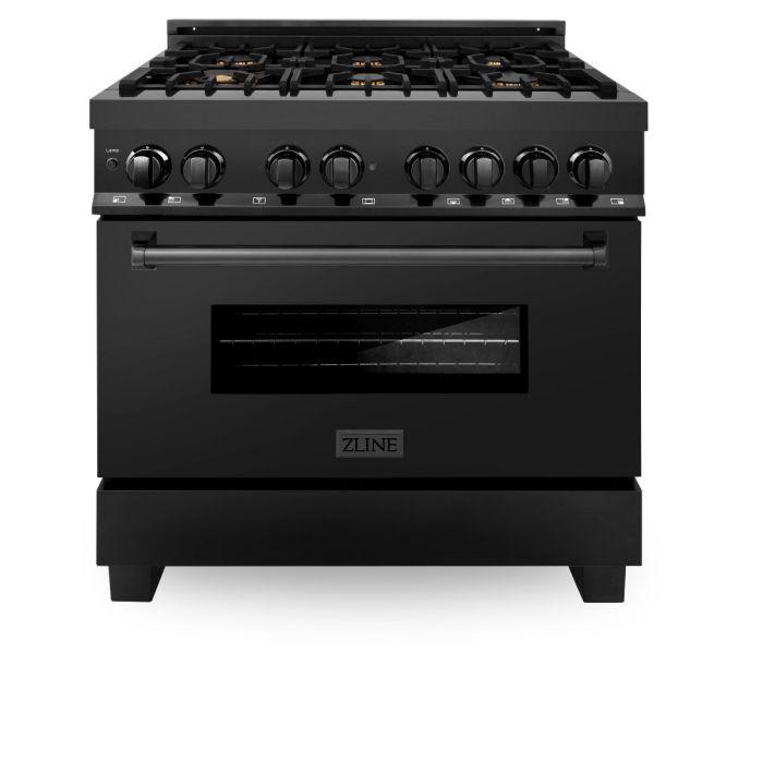 Black freestanding dual fuel range with control knobs and oven door window