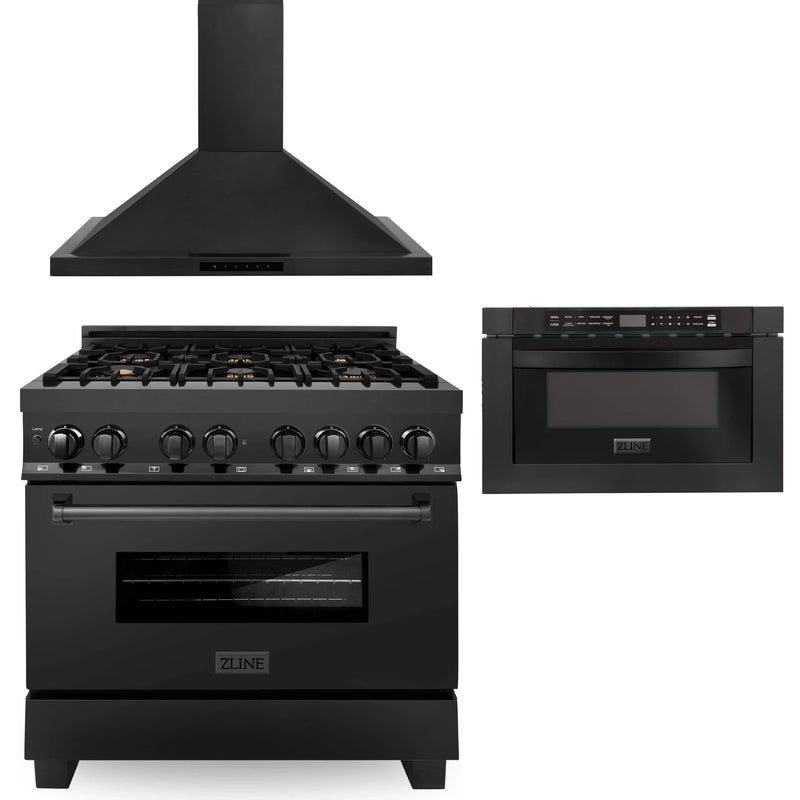ZLINE 3-Piece Appliance Package - 36-inch Dual Fuel Range with Brass Burners, Premium Convertible Range Hood & Microwave Drawer in Black Stainless Steel (3KP-RABRH36-MW) Appliance Package ZLINE 
