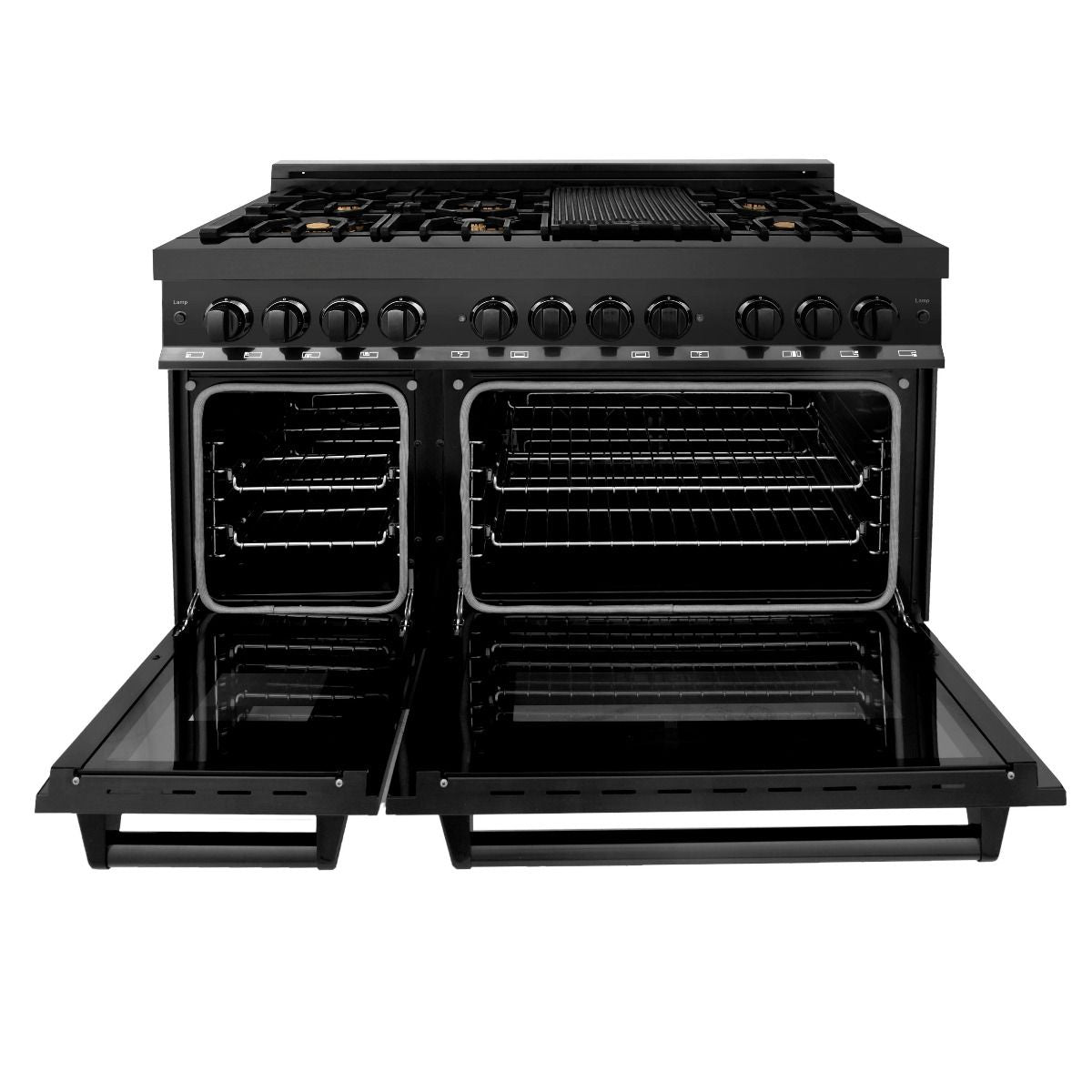 Black dual fuel range oven with both doors open and racks inside