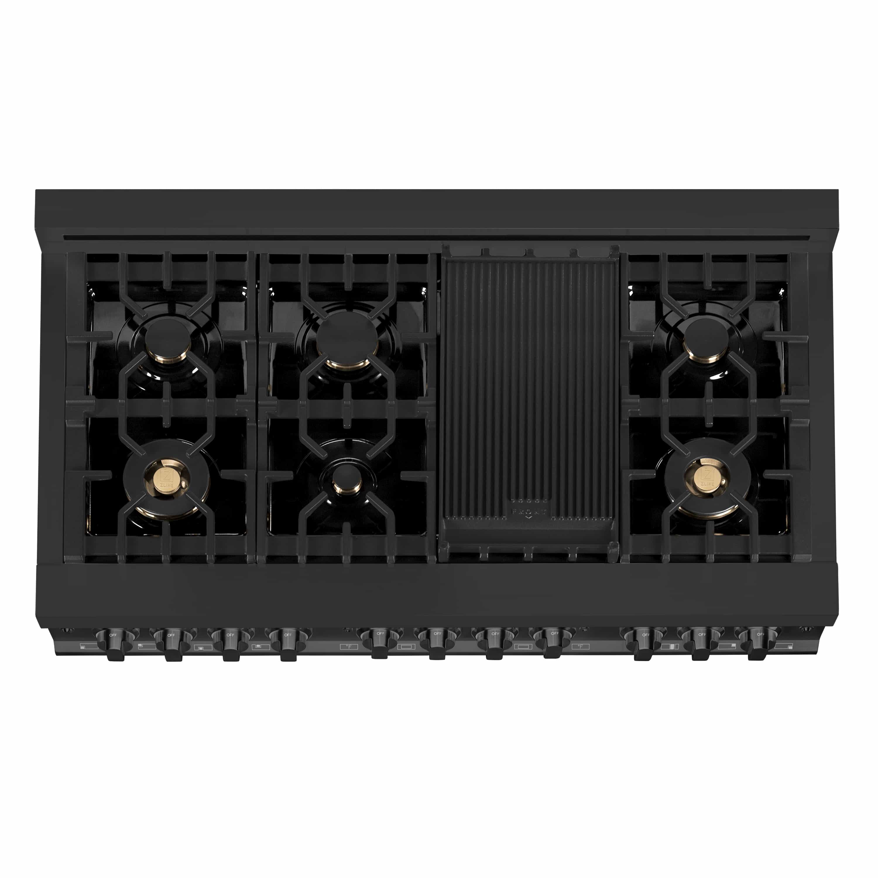 Black dual fuel range cooktop with burners and center griddle