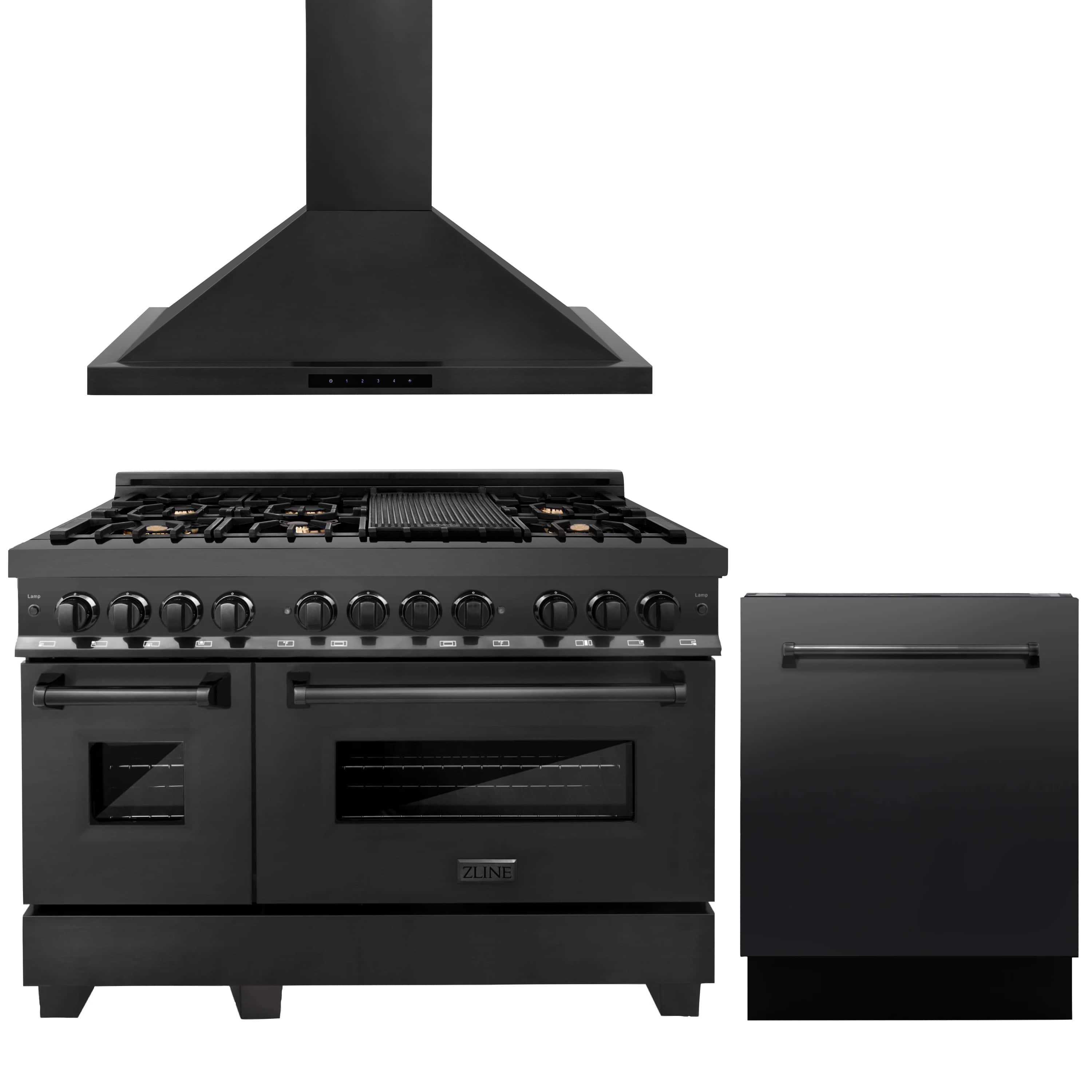 ZLINE 3-Piece Appliance Package - 48-Inch Dual Fuel Range with Brass Burners, Convertible Wall Mount Hood, and 3-Rack Dishwasher in Black Stainless Steel (3KP-RABRH48-DWV)