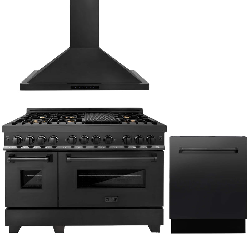 ZLINE 3-Piece Appliance Package - 48" Dual Fuel Range with Brass Burners, Convertible Wall Mount Hood, and 3-Rack Dishwasher in Black Stainless Steel Appliance Package ZLINE 