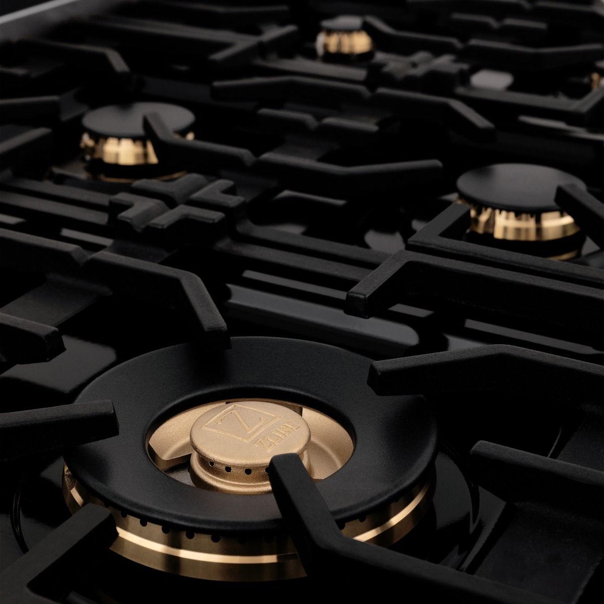 Black range grates with dual-ring burner heads and brass flame caps