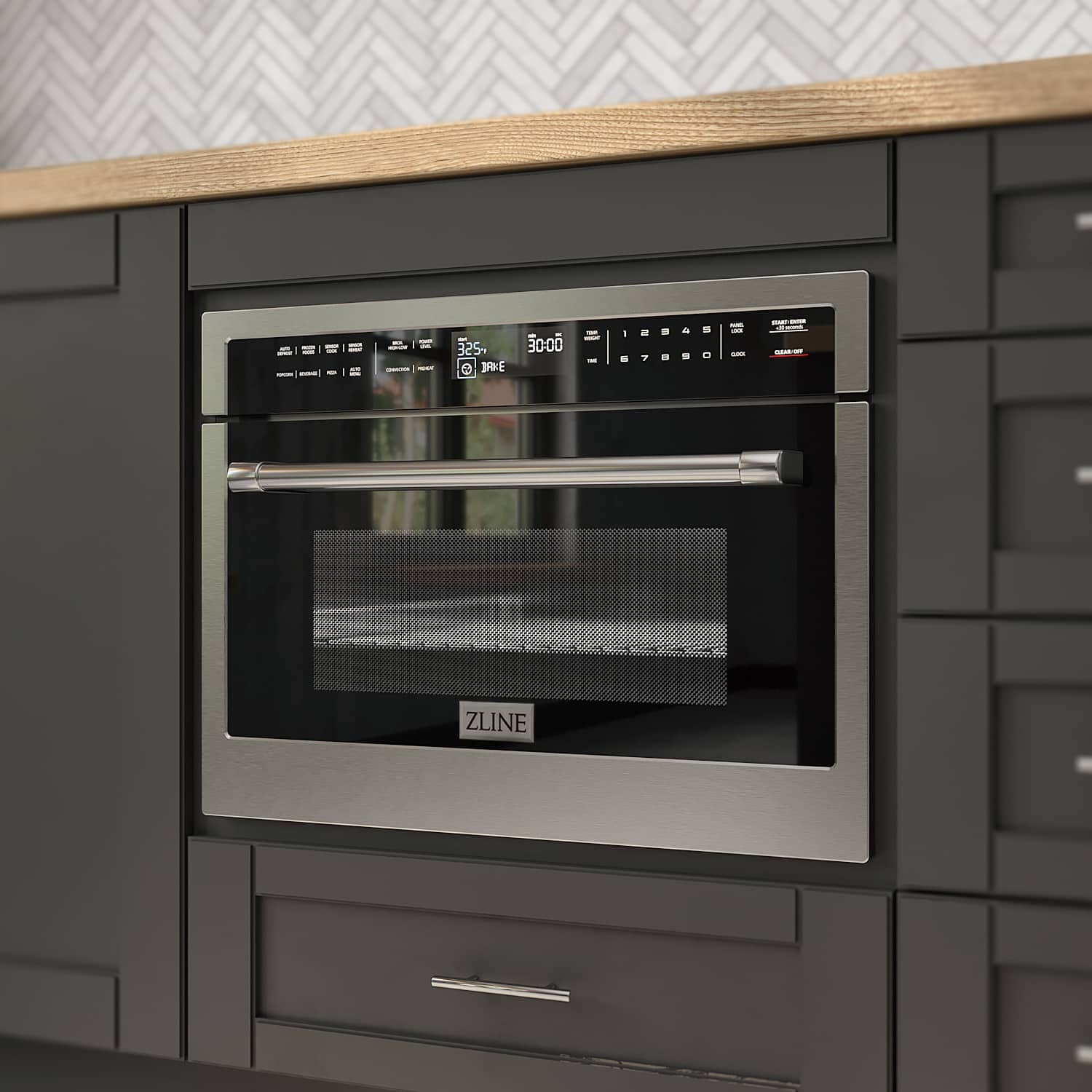 Stainless built-in oven installed in a kitchen with black glass door
