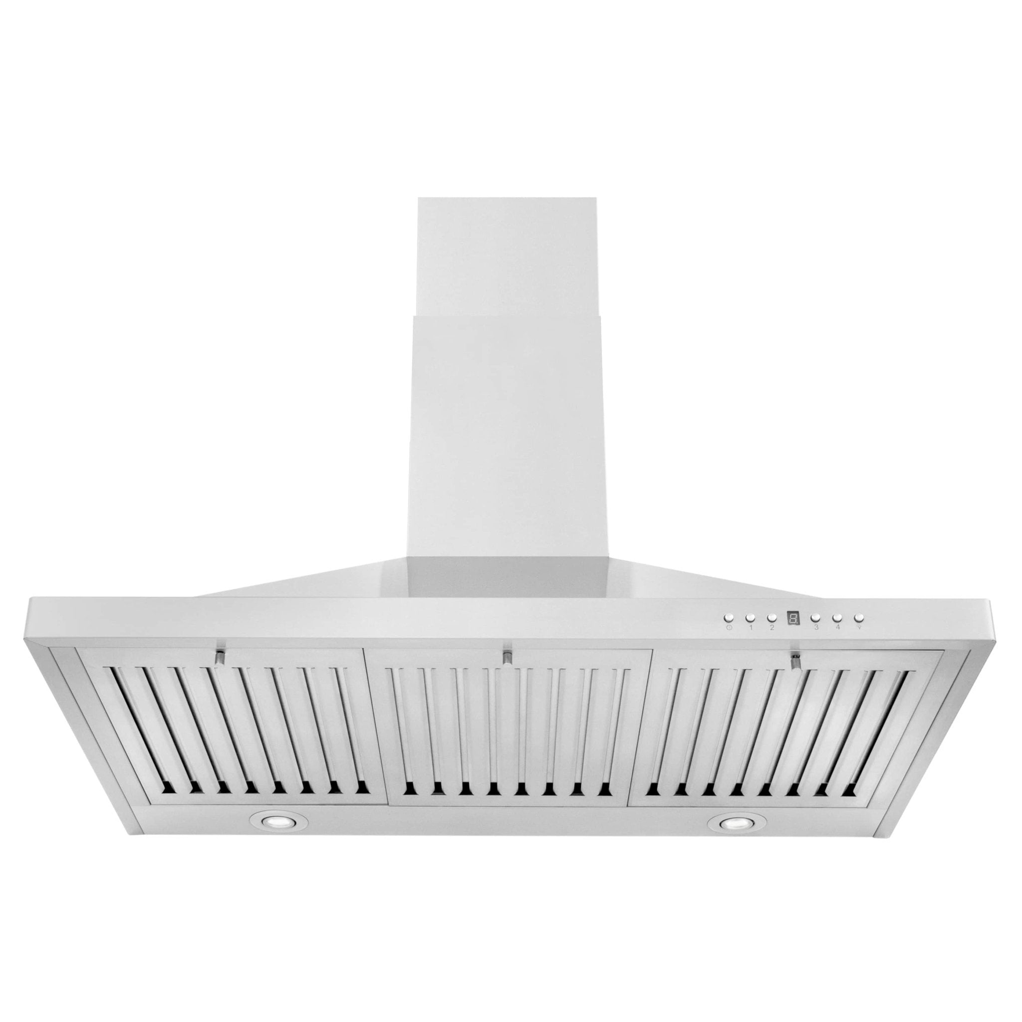 White telescoping range hood with front vent grille and chimney stack