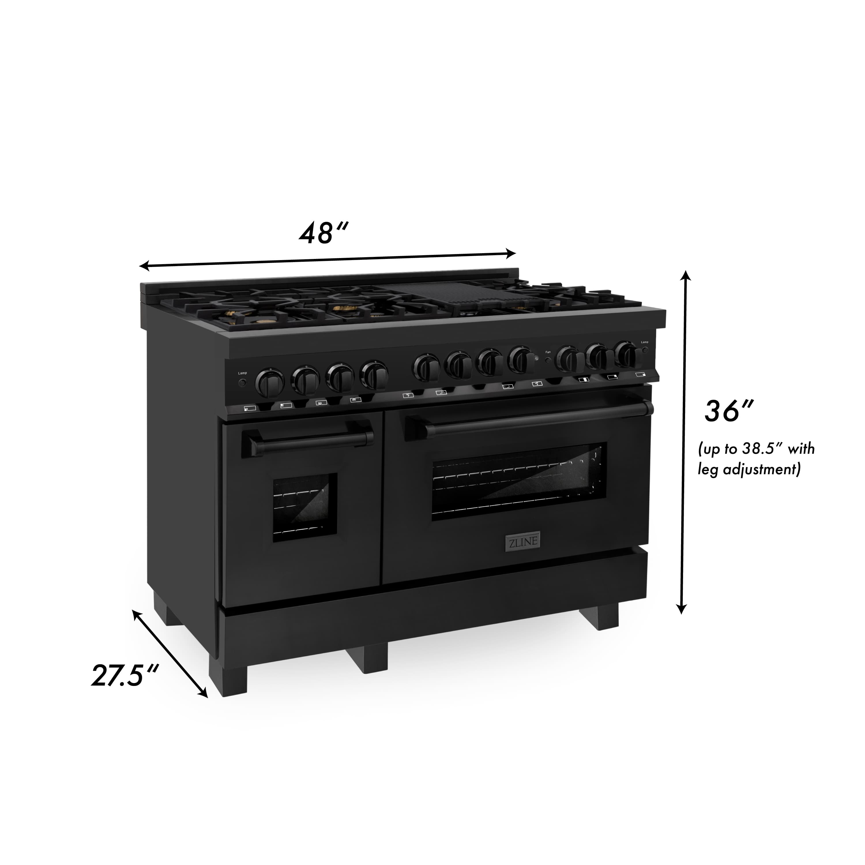 48-inch gas range size diagram: 27.5 in depth, up to 38.5 in height