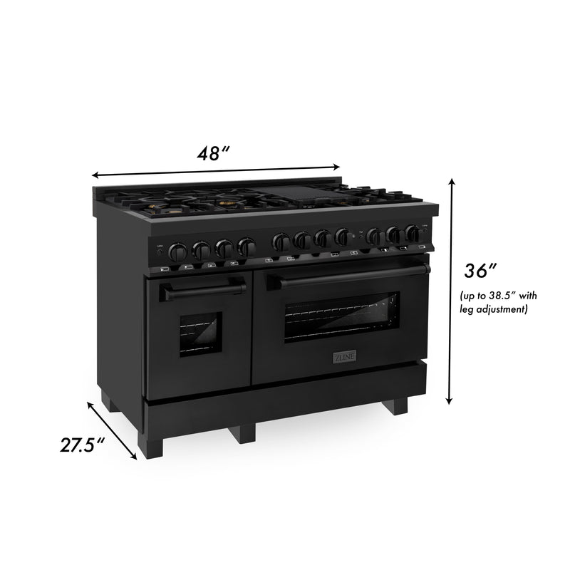 ZLINE 3-Piece Appliance Package - 48" Gas Range with Brass Burners, Convertible Wall Mount Hood, and Microwave Drawer in Black Stainless Steel Appliance Package ZLINE 