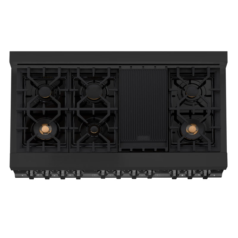 ZLINE 3-Piece Appliance Package - 48" Gas Range with Brass Burners, Convertible Wall Mount Hood, and Microwave Drawer in Black Stainless Steel Appliance Package ZLINE 