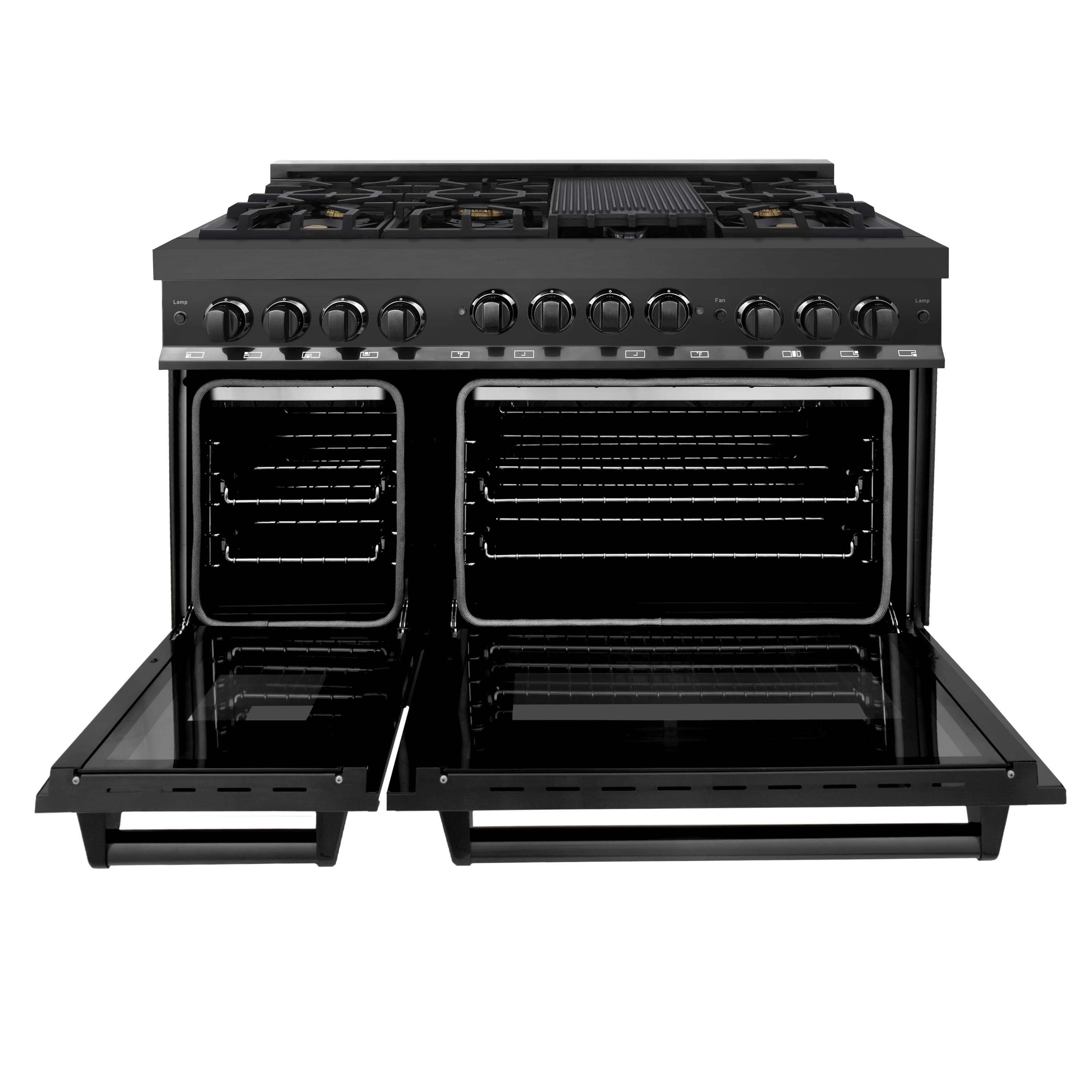 Black gas range with two oven compartments open, racks visible